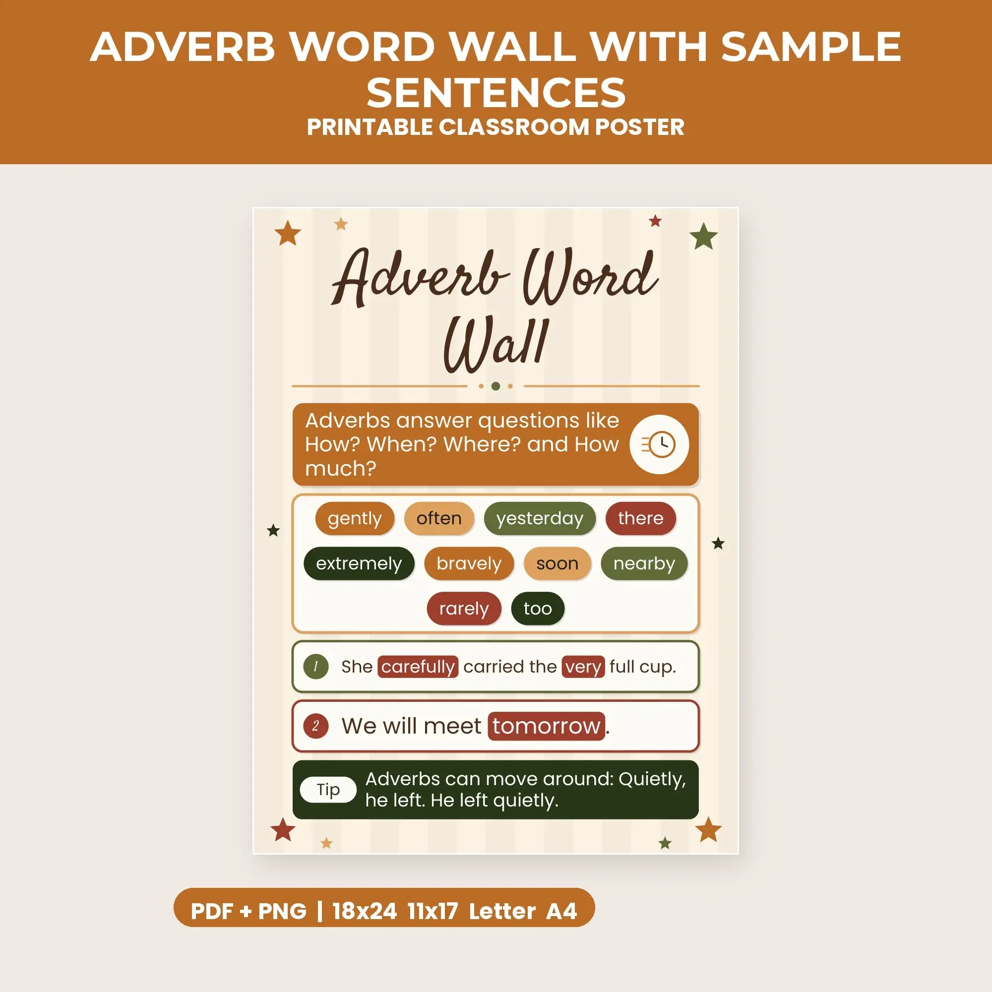 Adverb Word Wall with Sample Sentences - Autumn Harvest preview