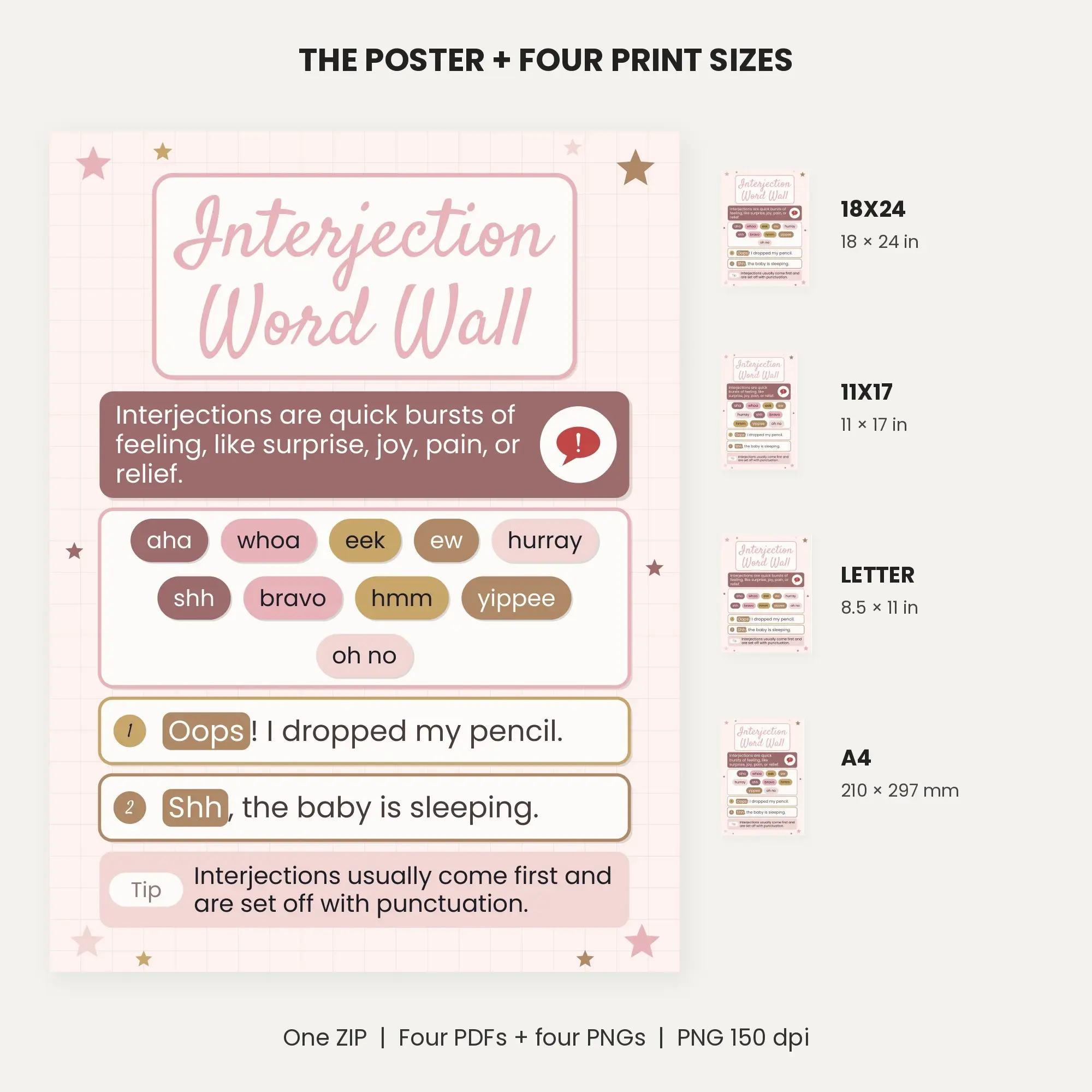 Interjection Word Wall with Sample Sentences - Blush and Gold, preview 2 of 2