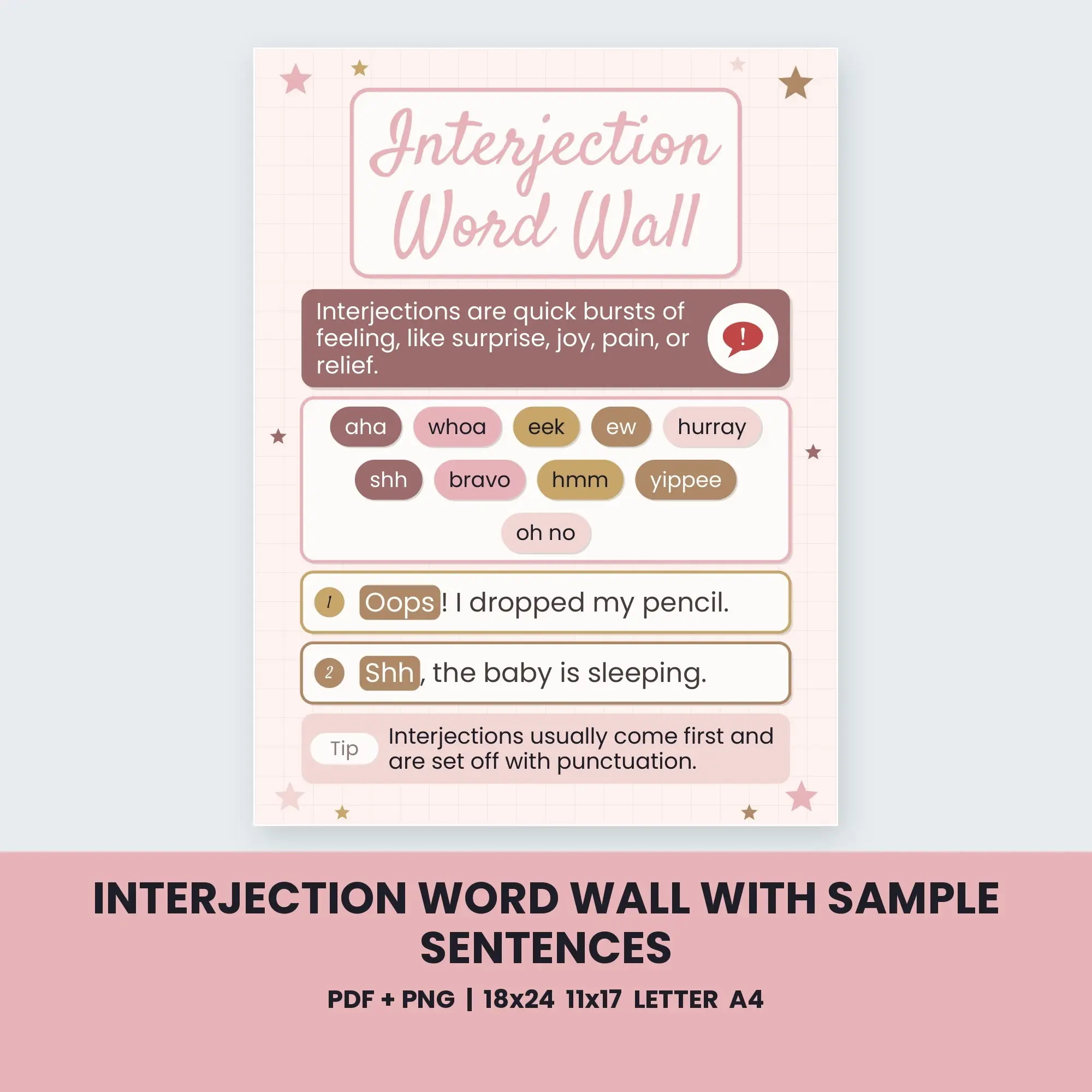 Interjection Word Wall with Sample Sentences - Blush and Gold, preview 1 of 2
