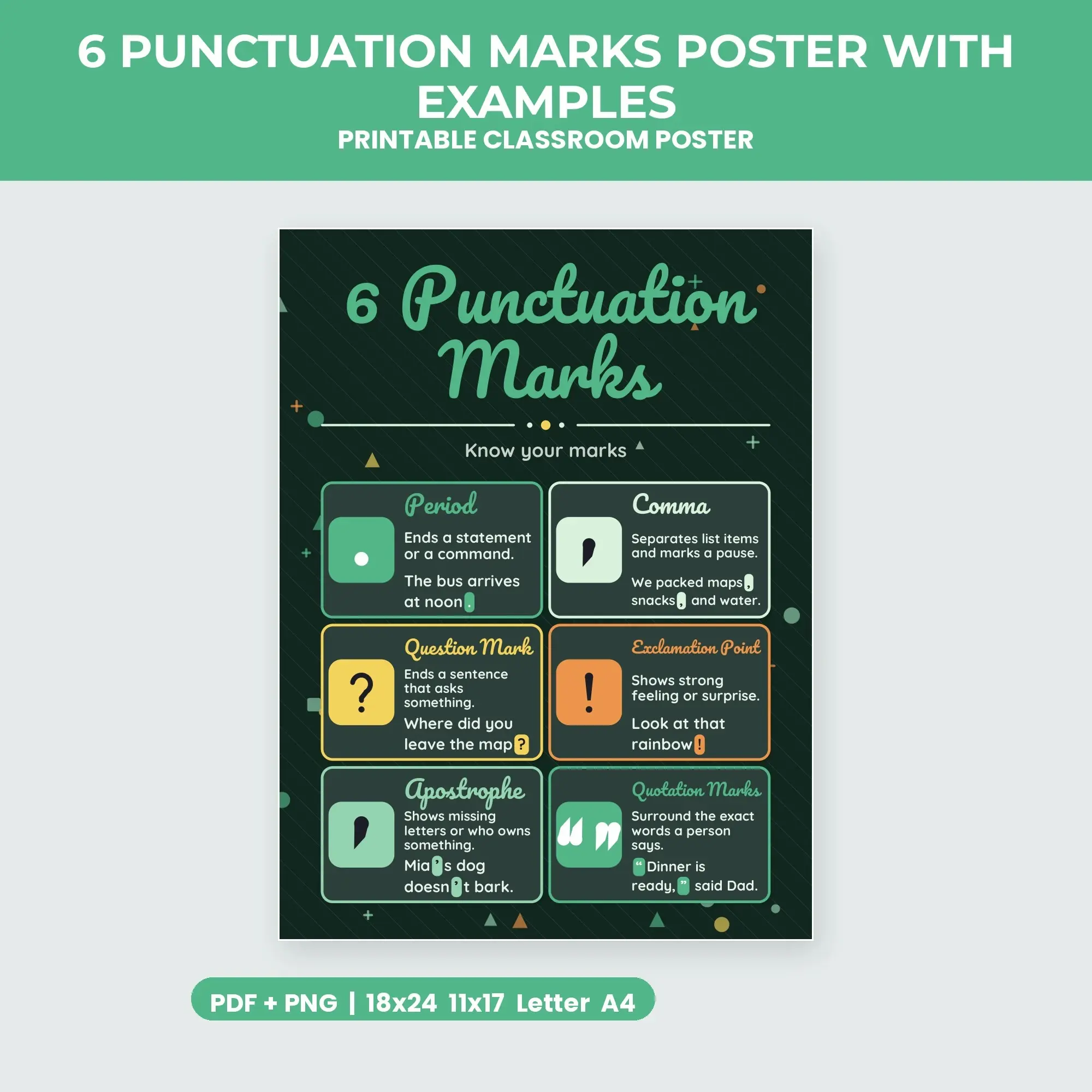 6 Punctuation Marks Poster with Examples - Forest Night preview
