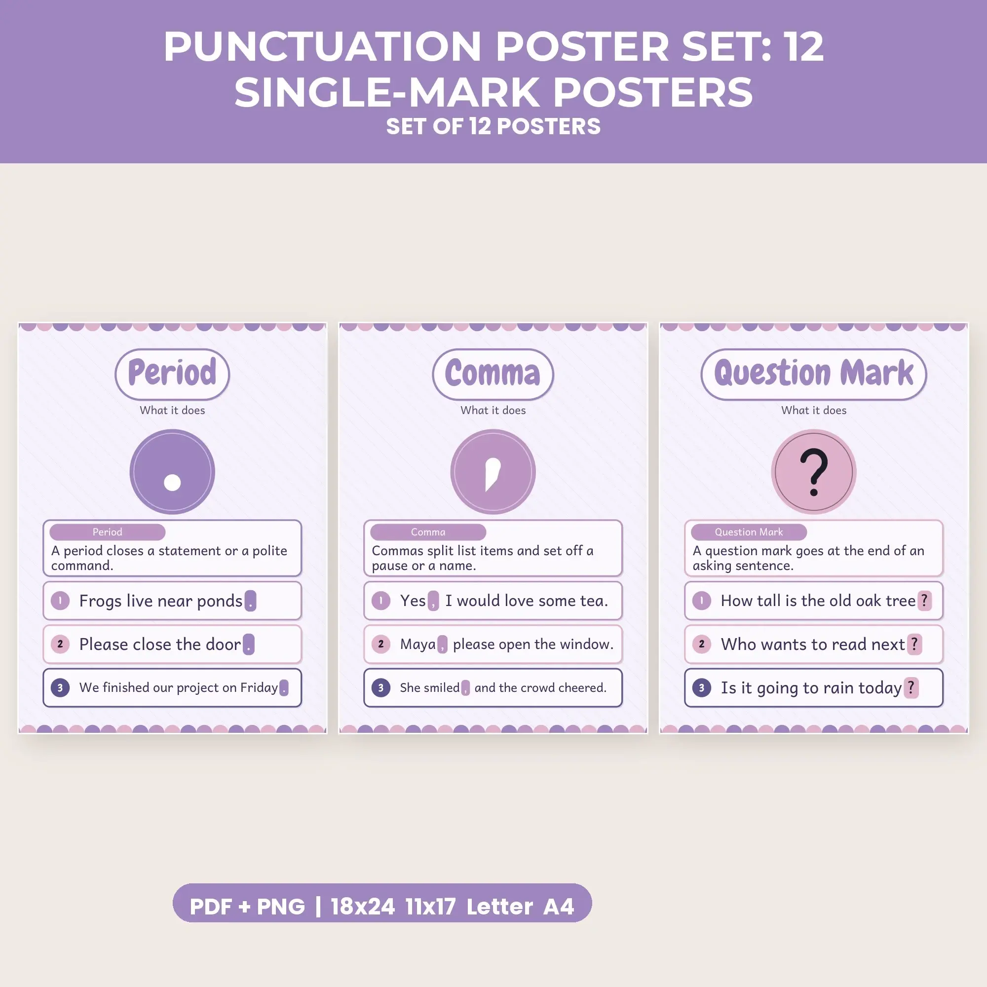 Punctuation Poster Set: 12 Single-Mark Posters - Lavender Fields preview
