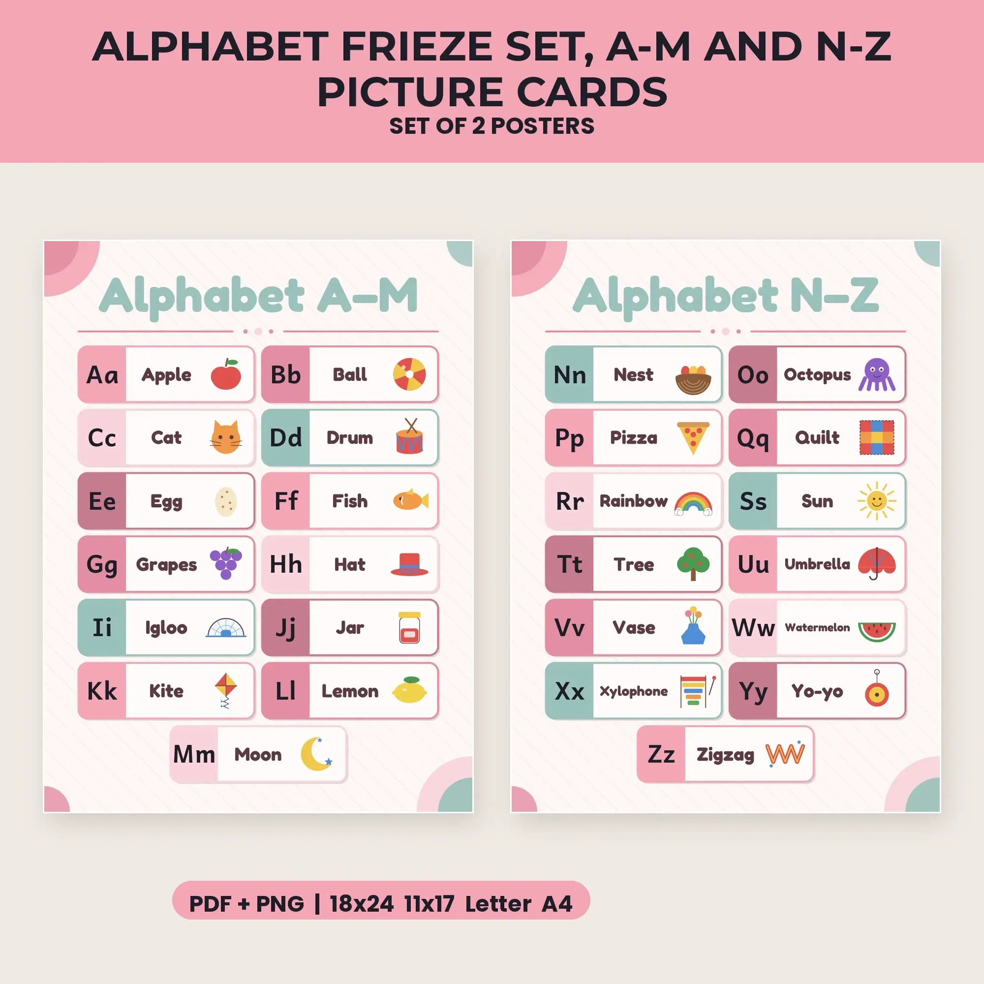 Alphabet Frieze Set, A-M and N-Z Picture Cards - Cherry Blossom preview