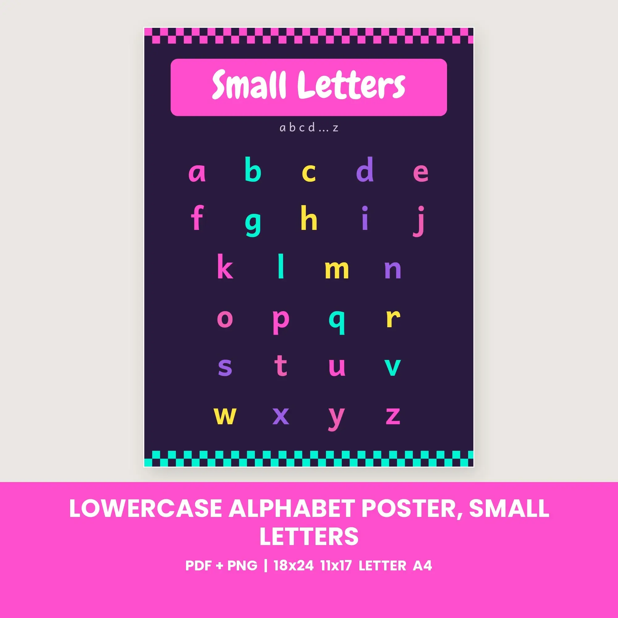 Lowercase Alphabet Poster, Small Letters - Aubergine Neon preview