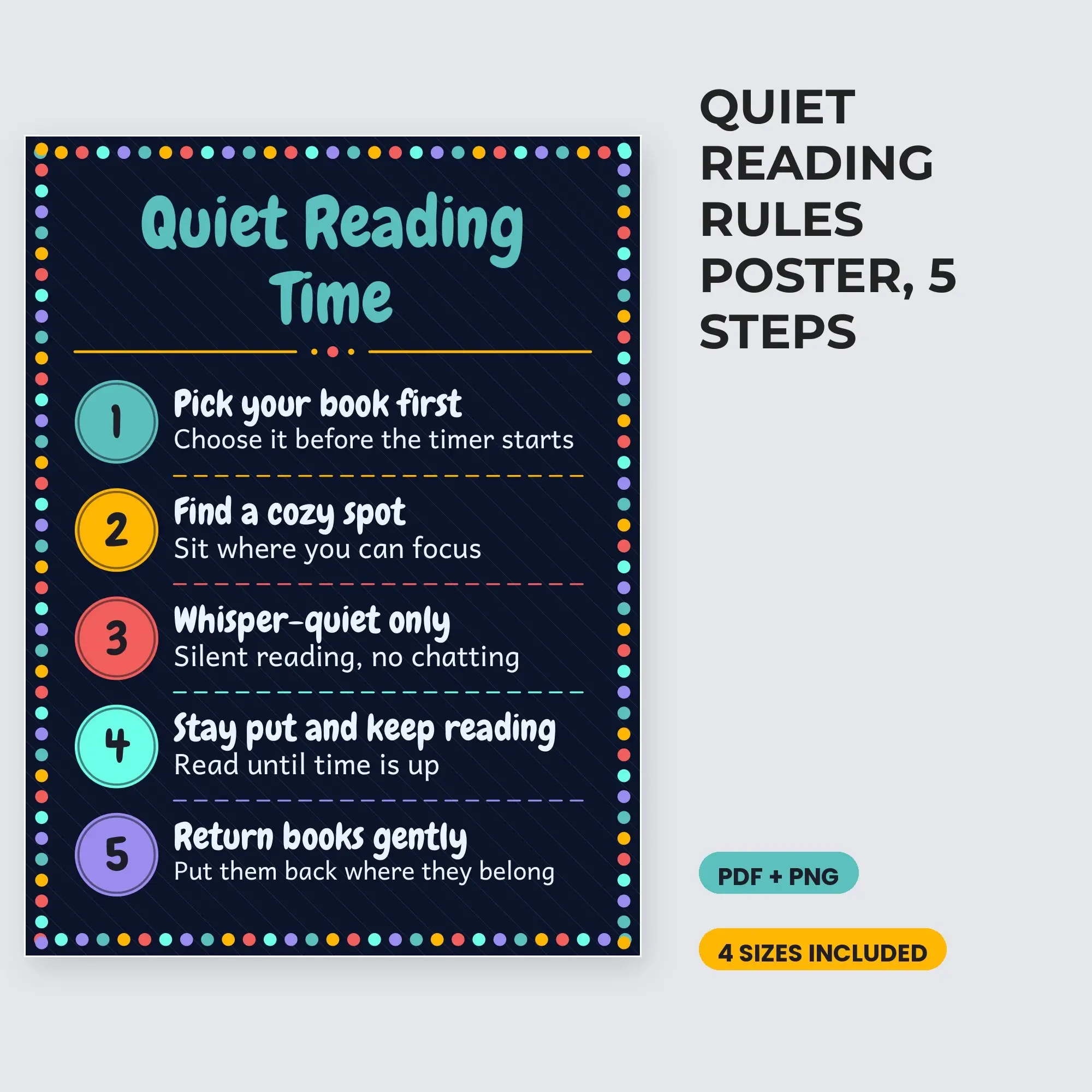 Quiet Reading Rules Poster, 5 Steps - Deep Space preview