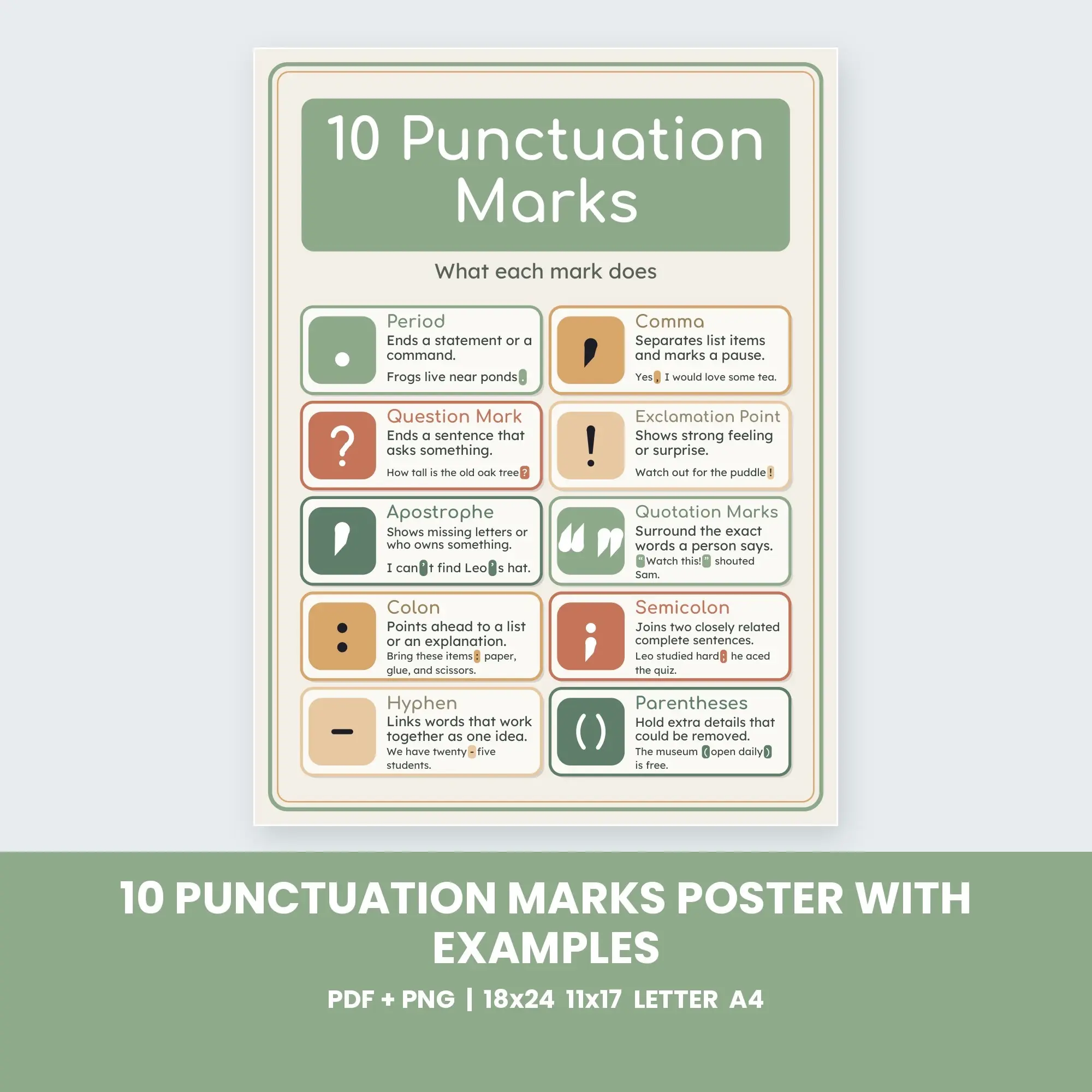 10 Punctuation Marks Poster with Examples - Sage Boho preview