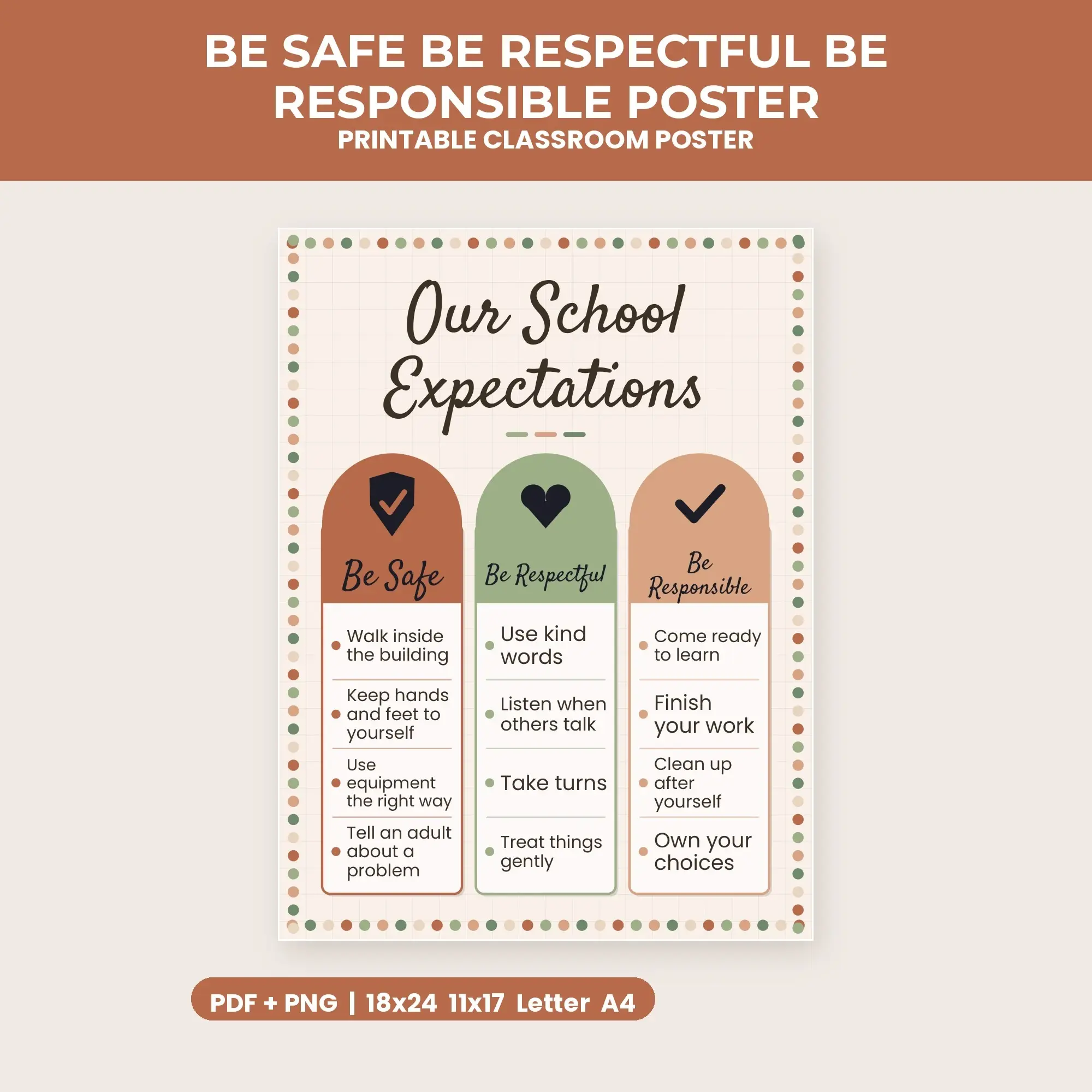 Be Safe Be Respectful Be Responsible Poster - Terracotta Sage preview