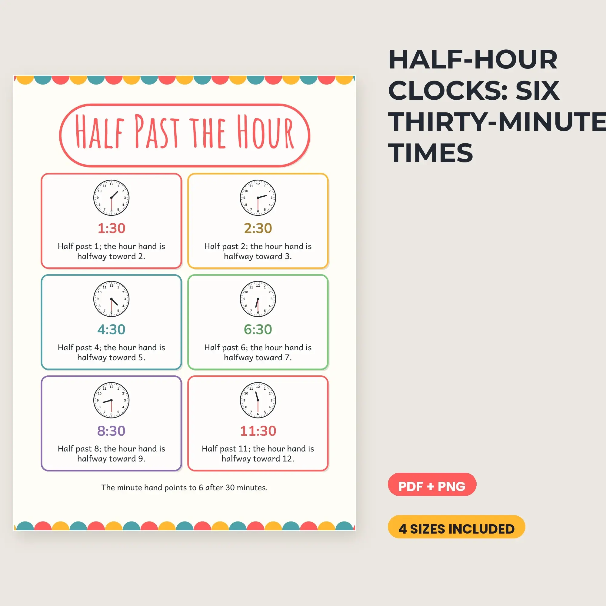 Half-Hour Clocks: Six Thirty-Minute Times - Chalk and Crayon preview