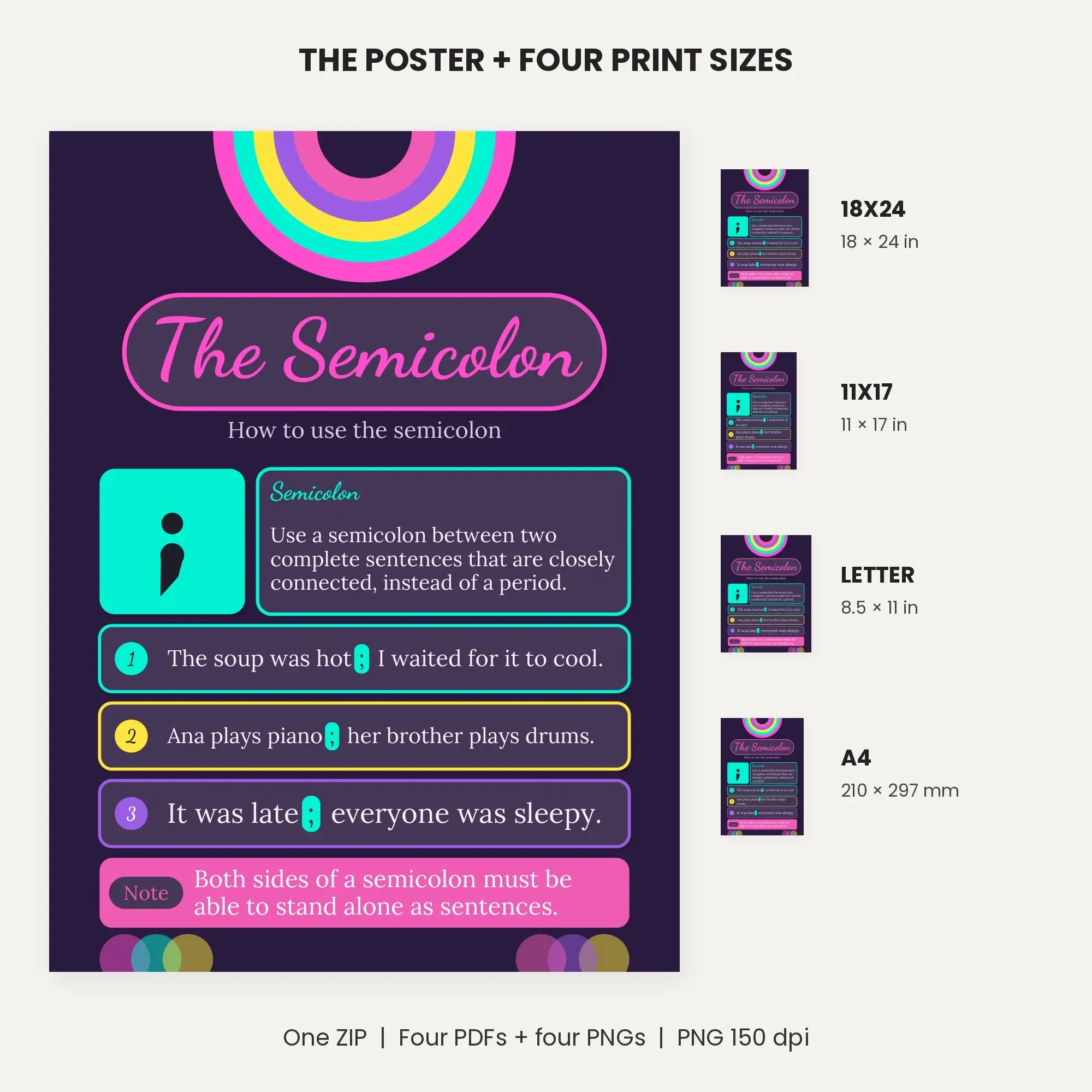 Semicolon Poster: Rule and 3 Examples - Aubergine Neon, preview 2 of 2