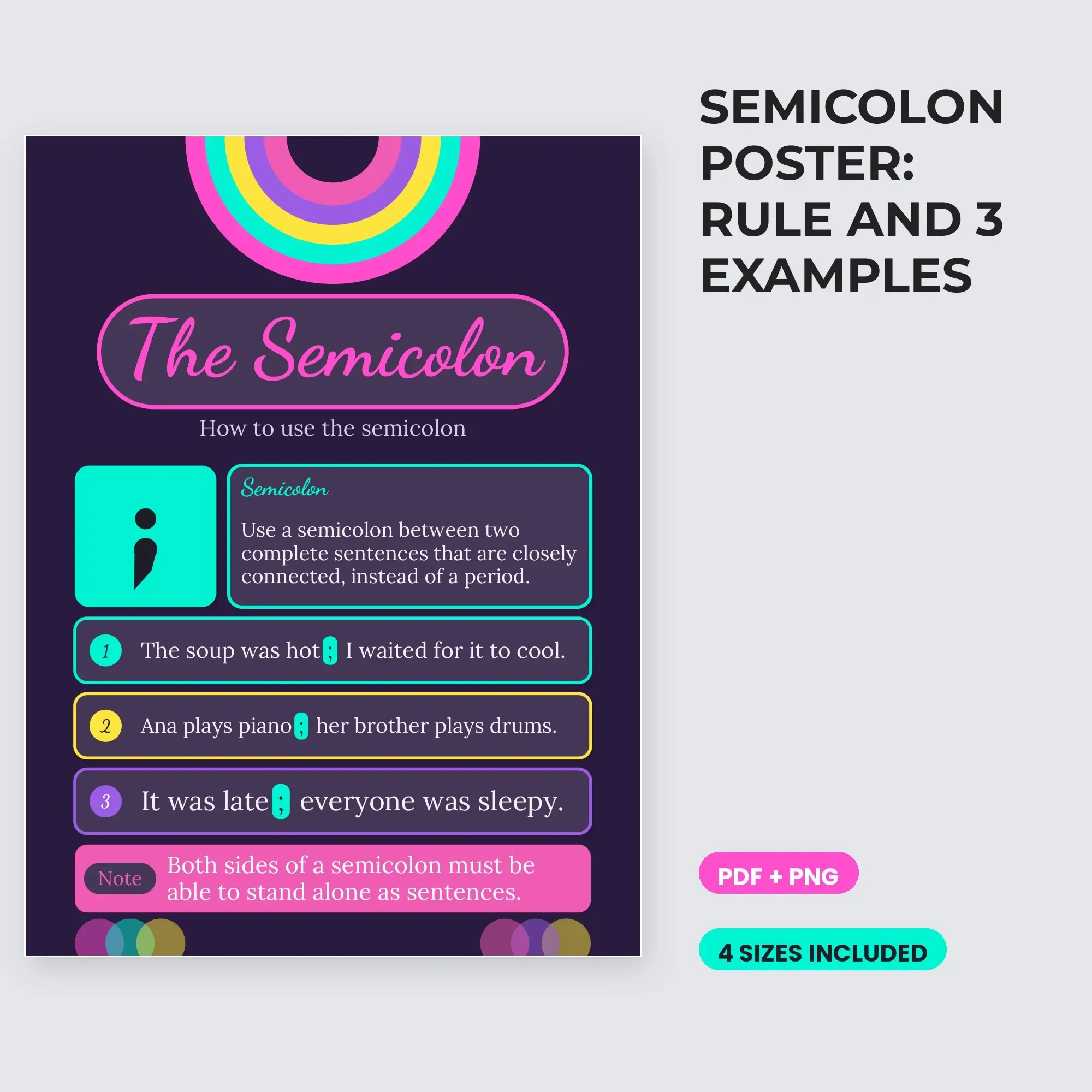 Semicolon Poster: Rule and 3 Examples - Aubergine Neon preview