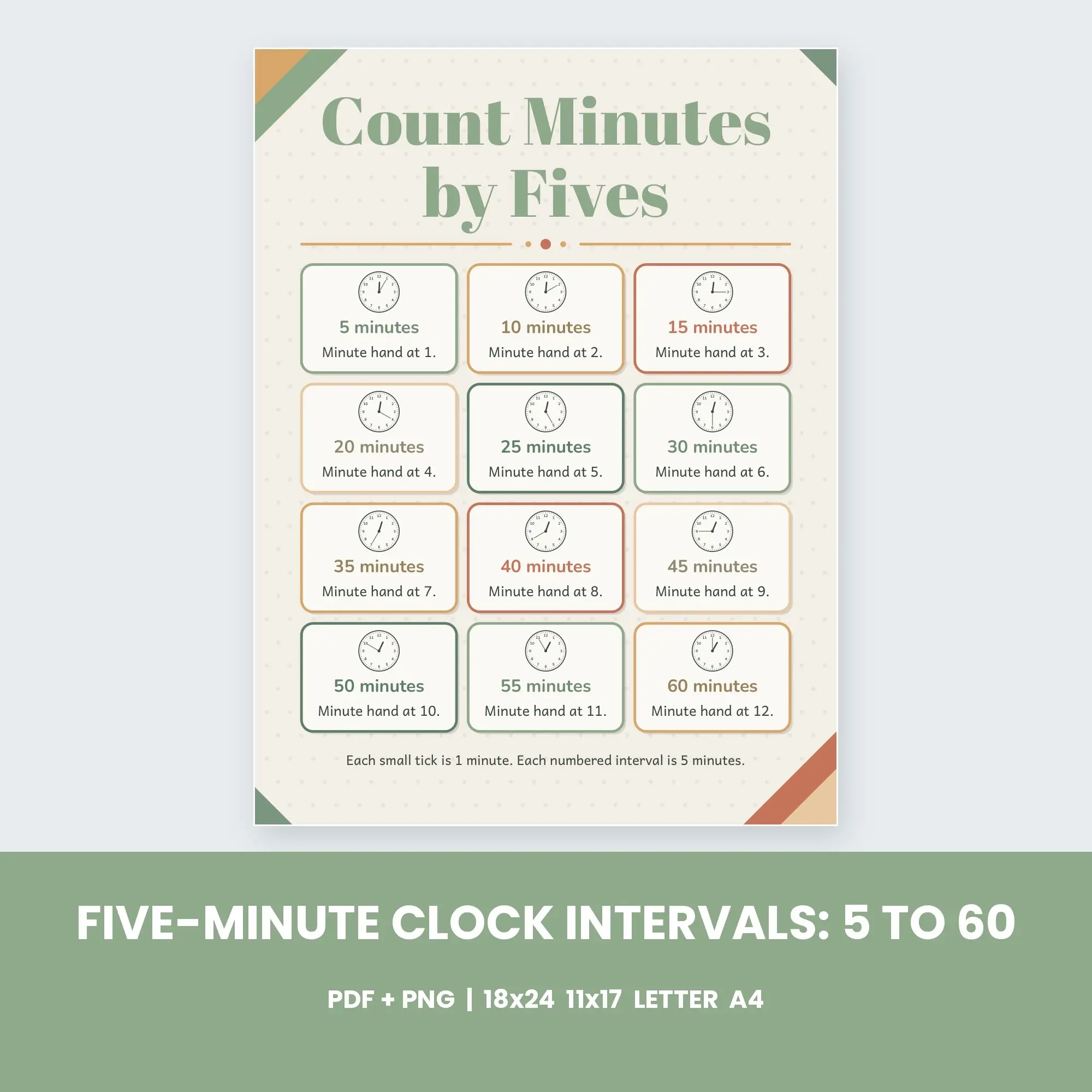 Five-Minute Clock Intervals: 5 to 60 - Sage Boho, preview 1 of 2