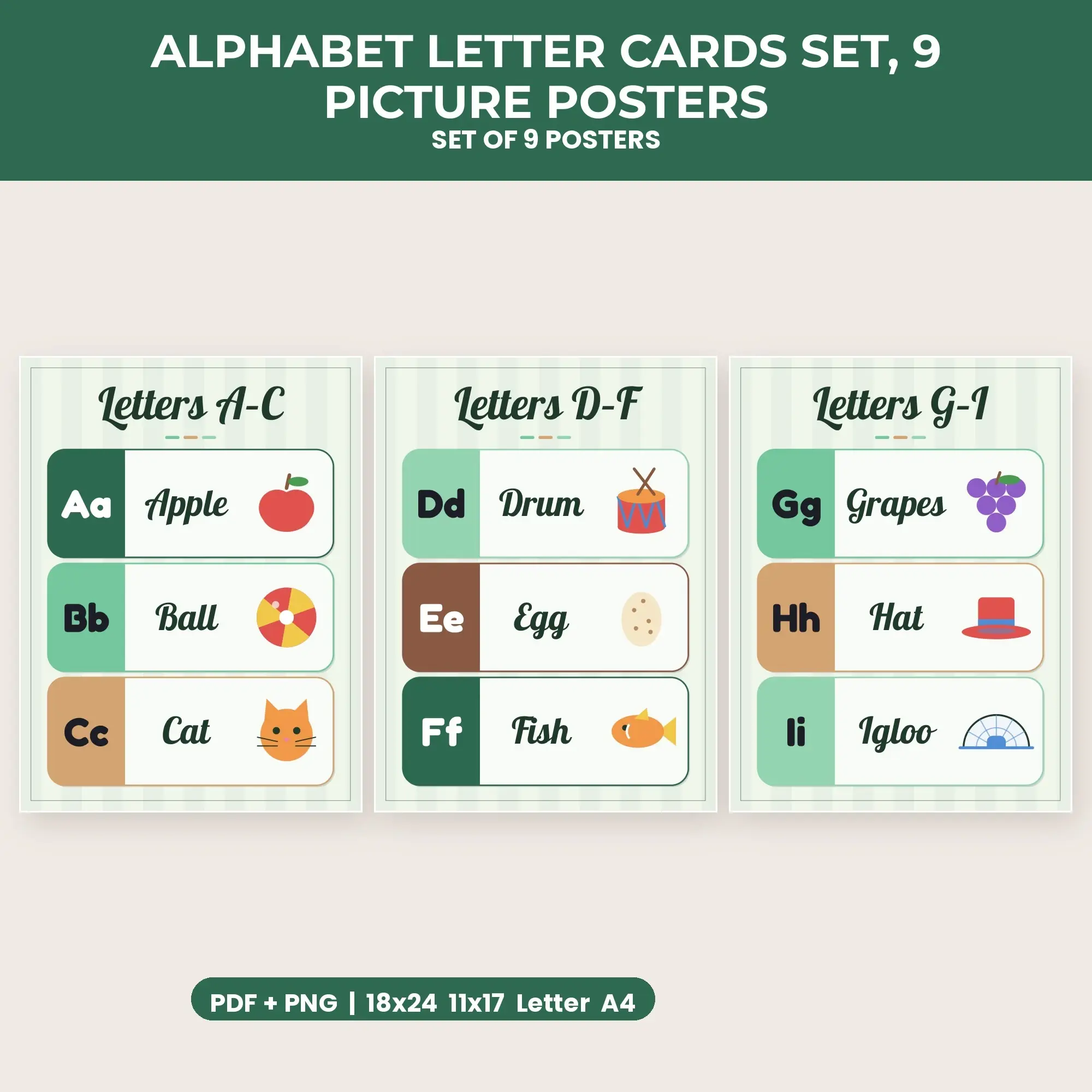 Alphabet Letter Cards Set, 9 Picture Posters - Forest Green preview