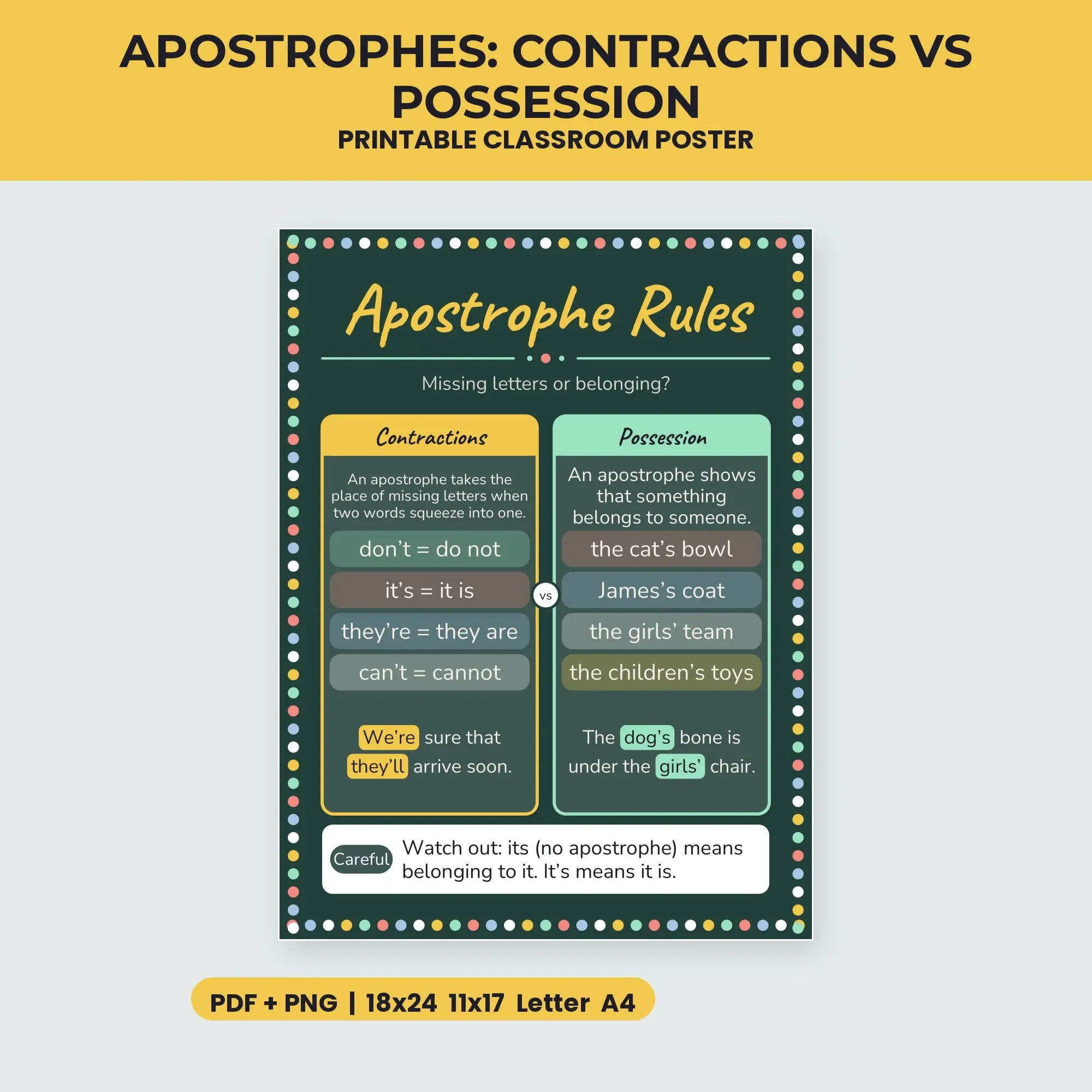 Apostrophes: Contractions vs Possession - Chalkboard Green, preview 1 of 2