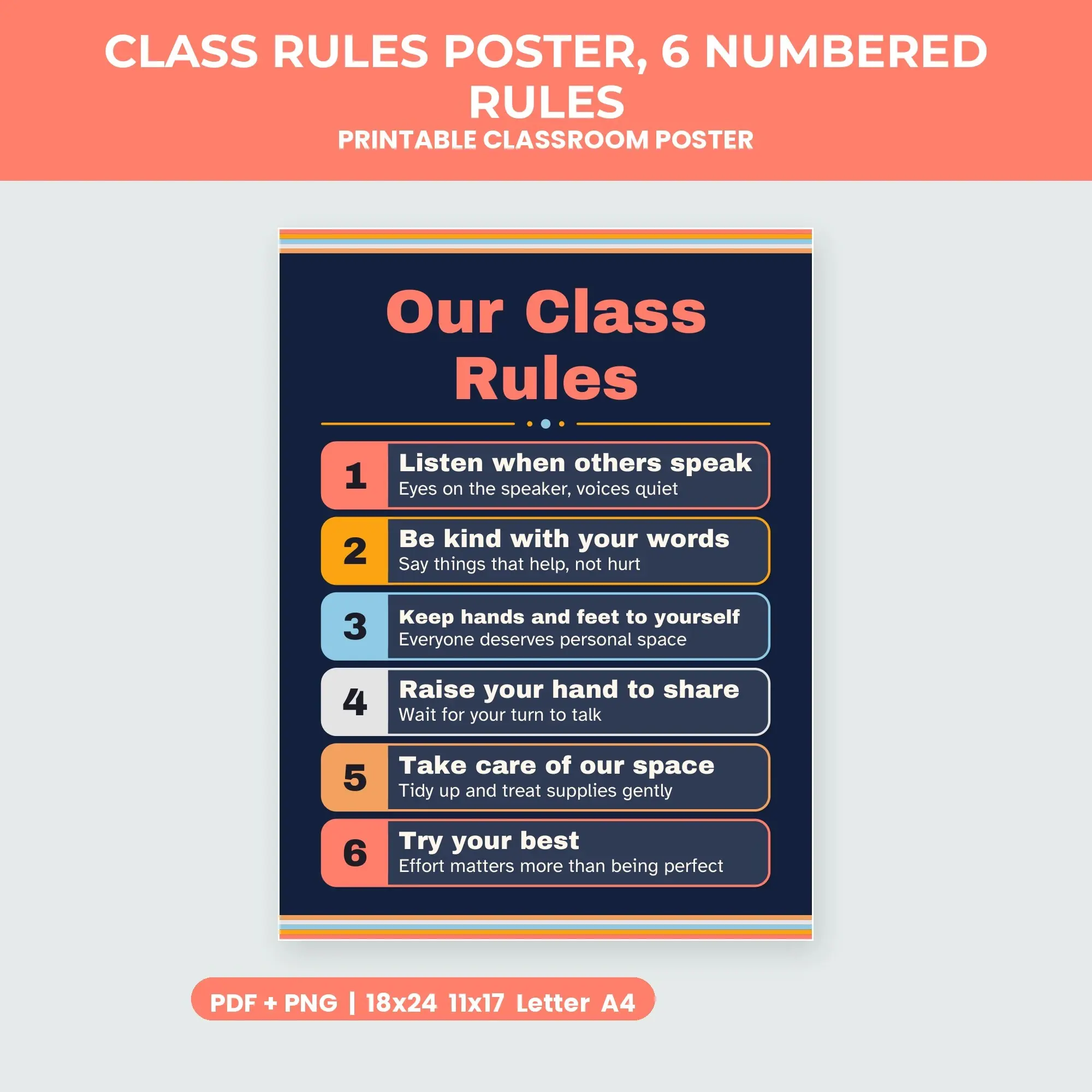 Class Rules Poster, 6 Numbered Rules - Navy and Coral preview