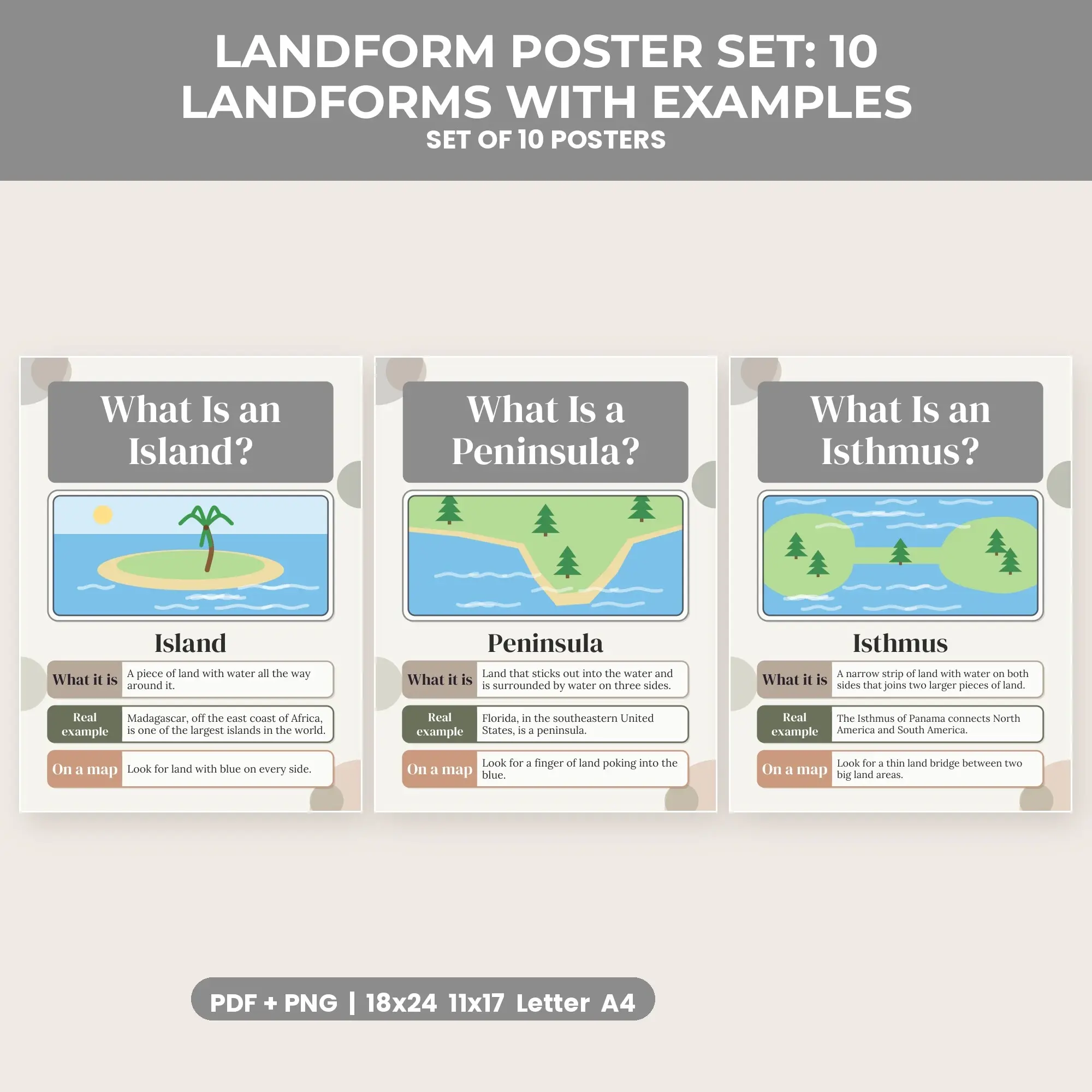 Landform Poster Set: 10 Landforms with Examples - Neutral Minimal preview