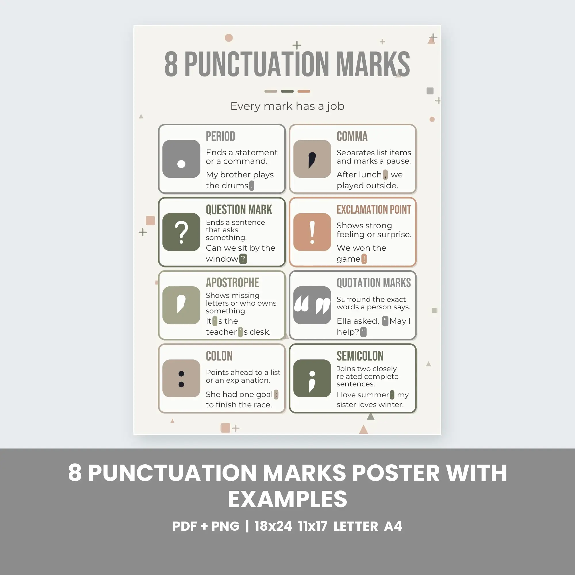 8 Punctuation Marks Poster with Examples - Neutral Minimal preview