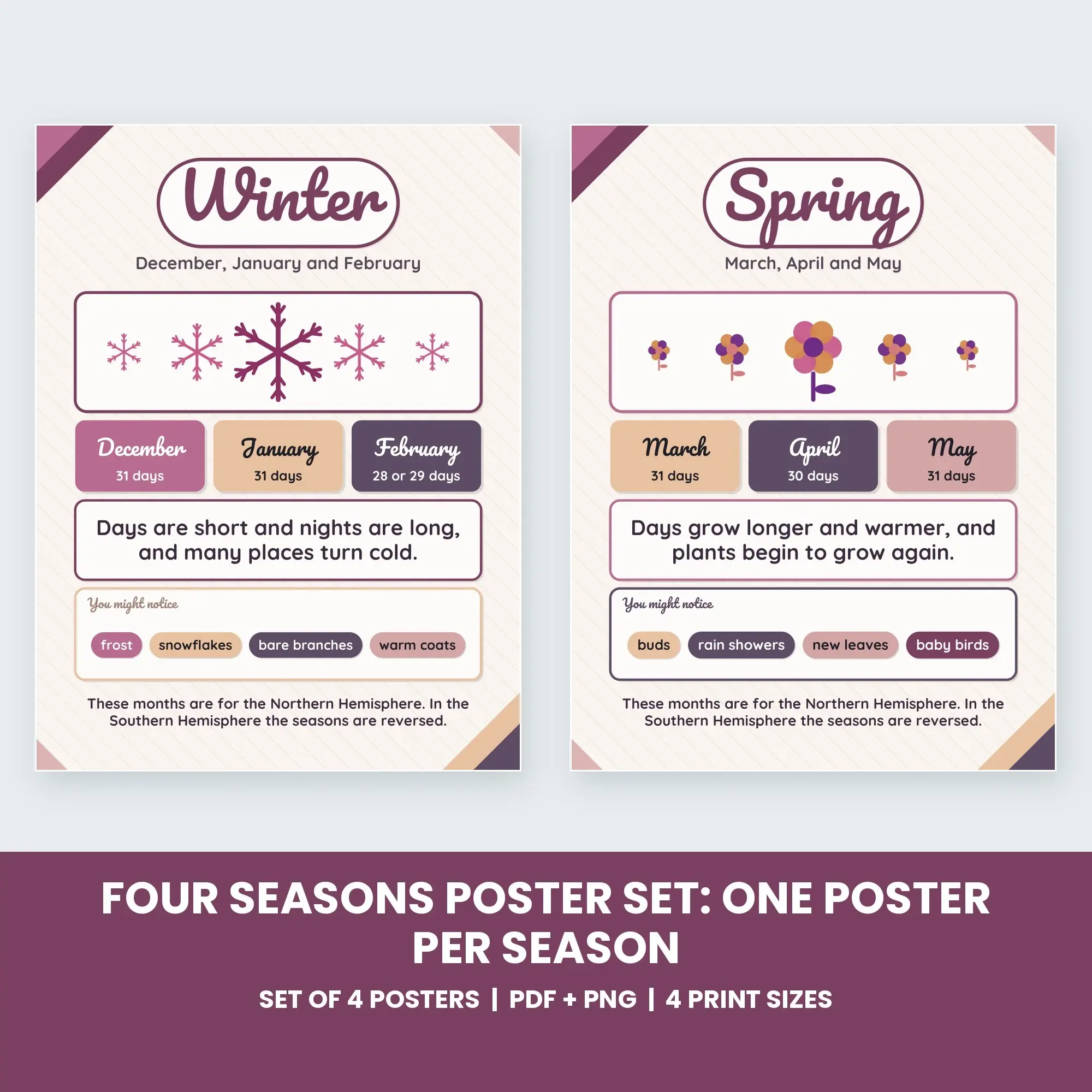 Four Seasons Poster Set: One Poster per Season - Plum and Cream preview
