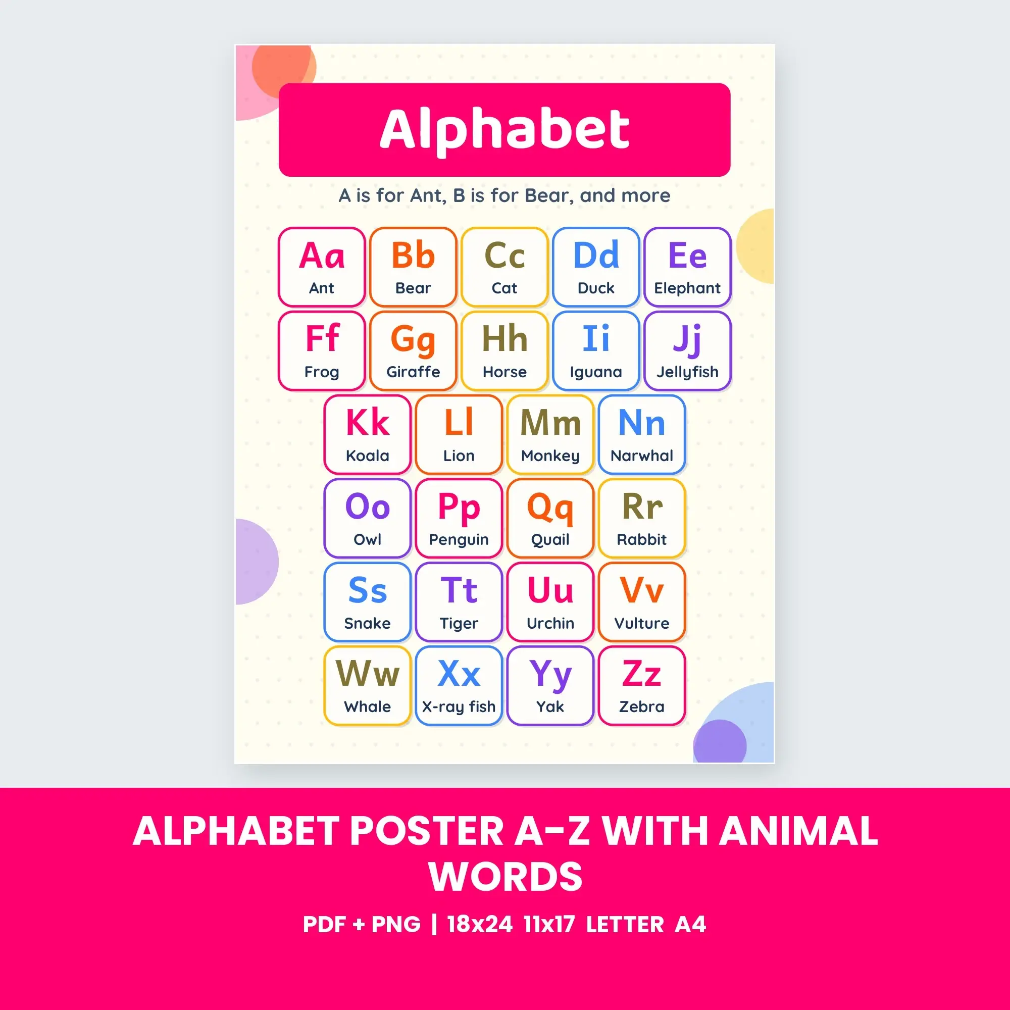 Alphabet Poster A-Z with Animal Words - Tropical Punch preview