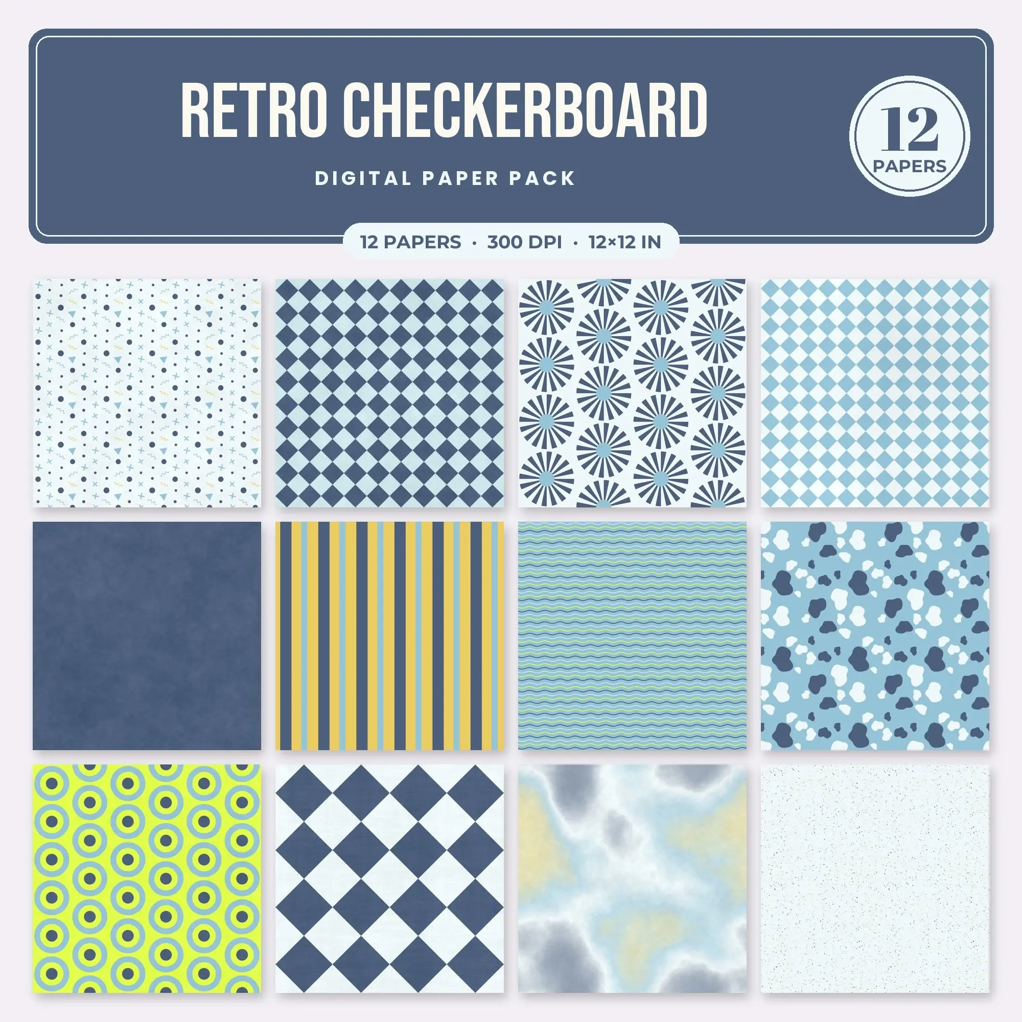 Lime & Butter Yellow Retro Checkerboard Digital Paper Pack – 12 Seamless Patterns preview