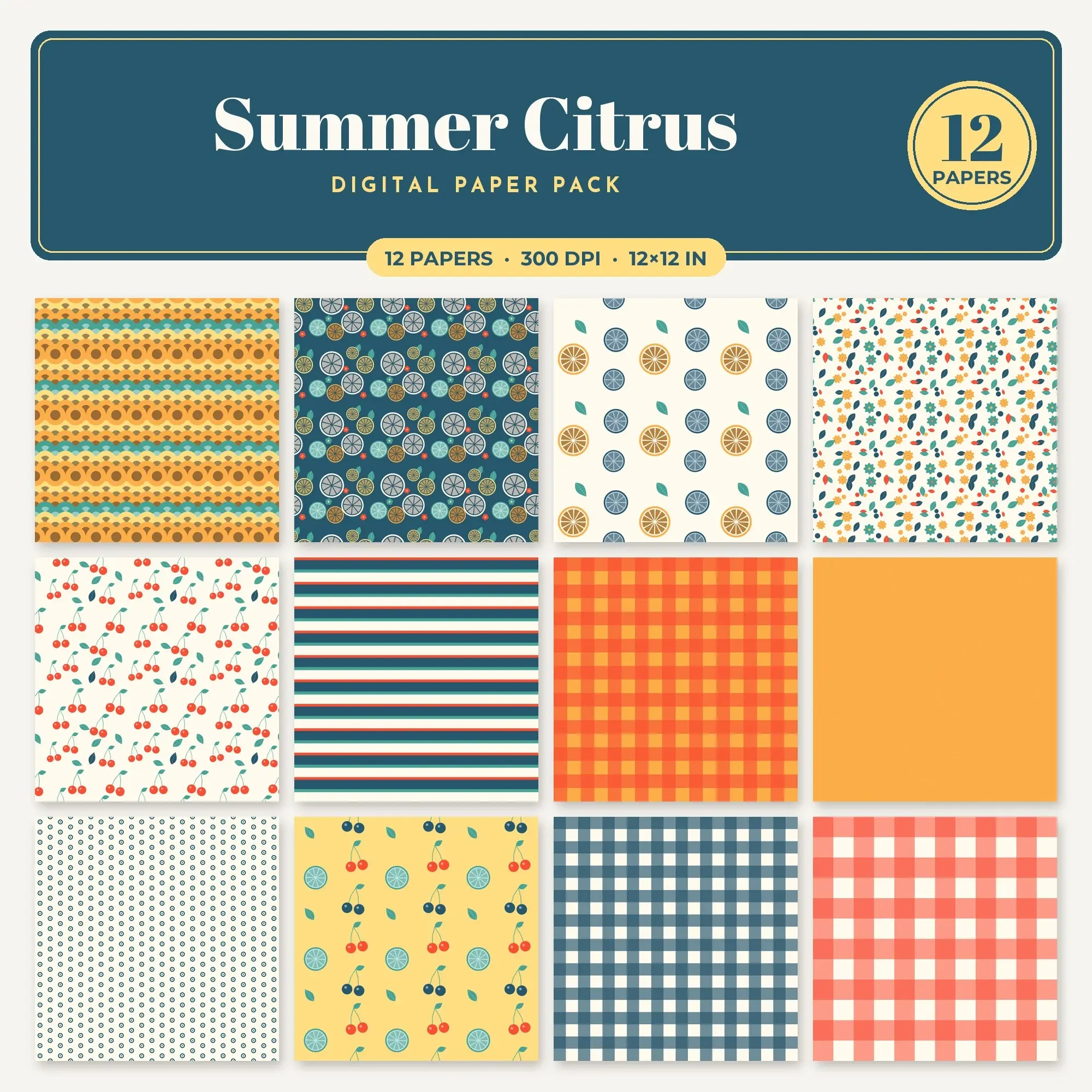 Poppy Red & Amber Summer Citrus Seamless Digital Paper – 12 Papers, 12x12 JPG preview