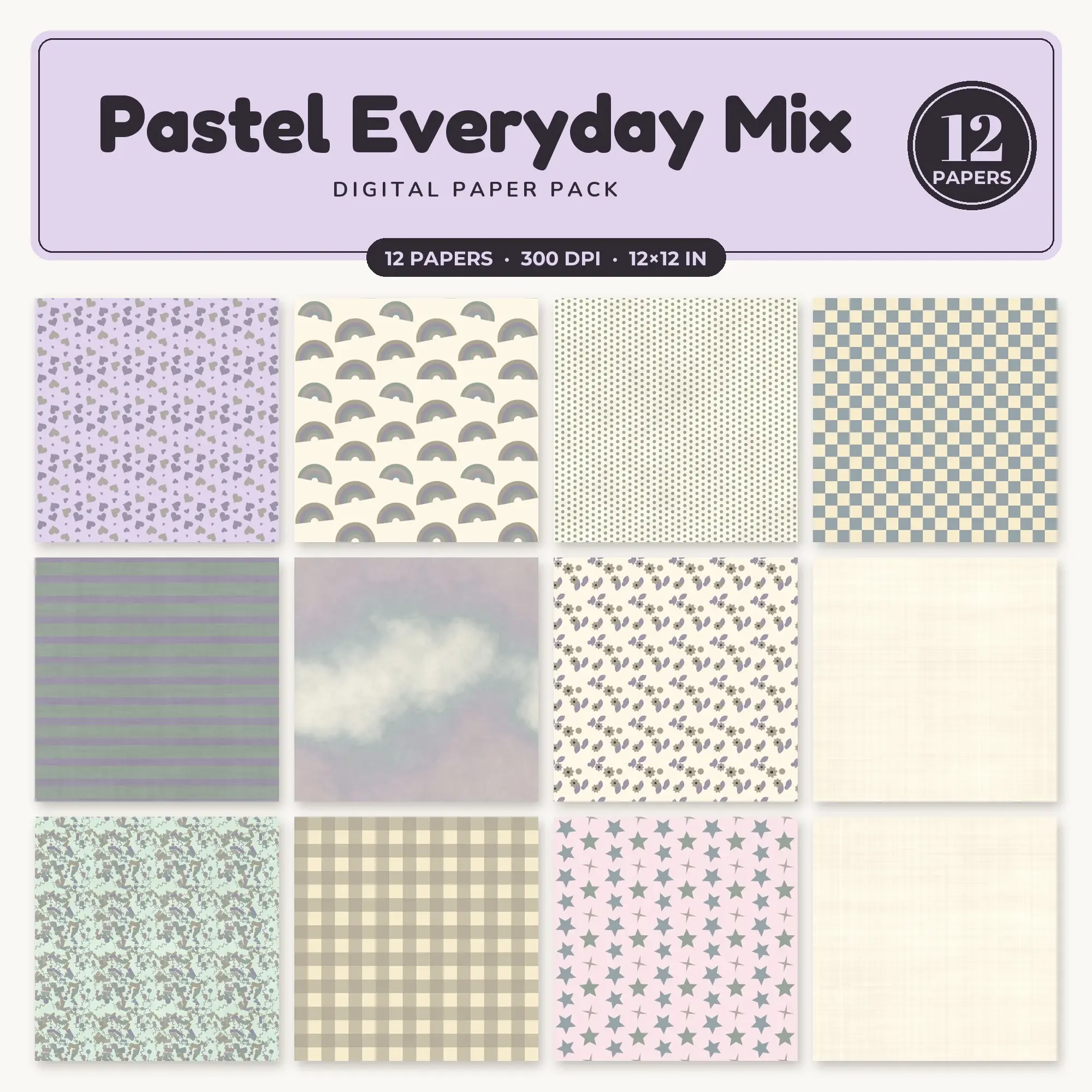 Baby Pink & Lilac Pastel Everyday Mix Seamless Digital Paper – 12 Papers, 12x12 JPG preview