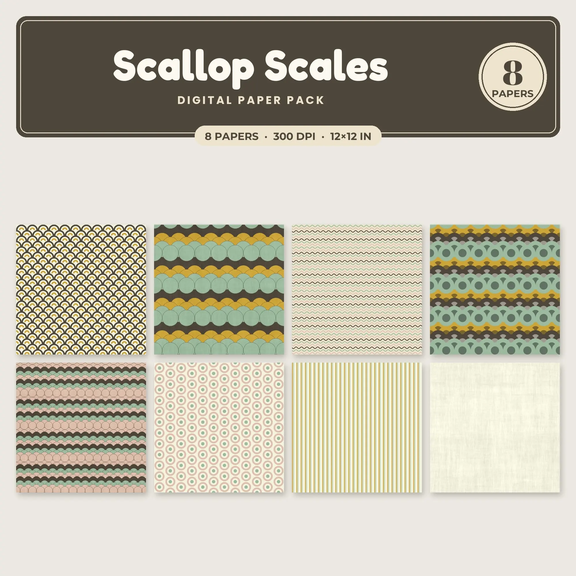Scallop Scales Seamless Pattern Papers in Mustard and Sage – 8 Pack preview