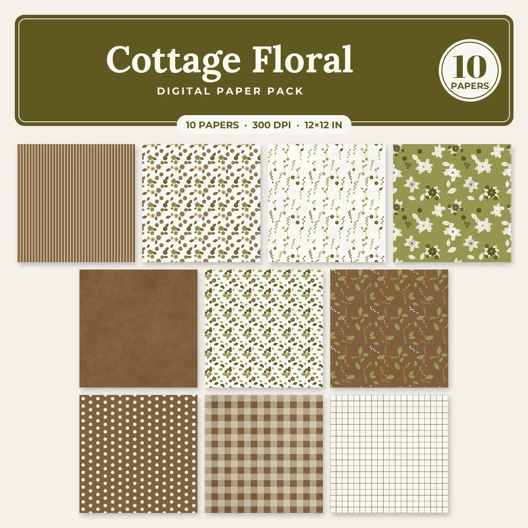 Moss & Mocha Cottage Floral Digital Paper Pack – 10 Seamless Patterns preview