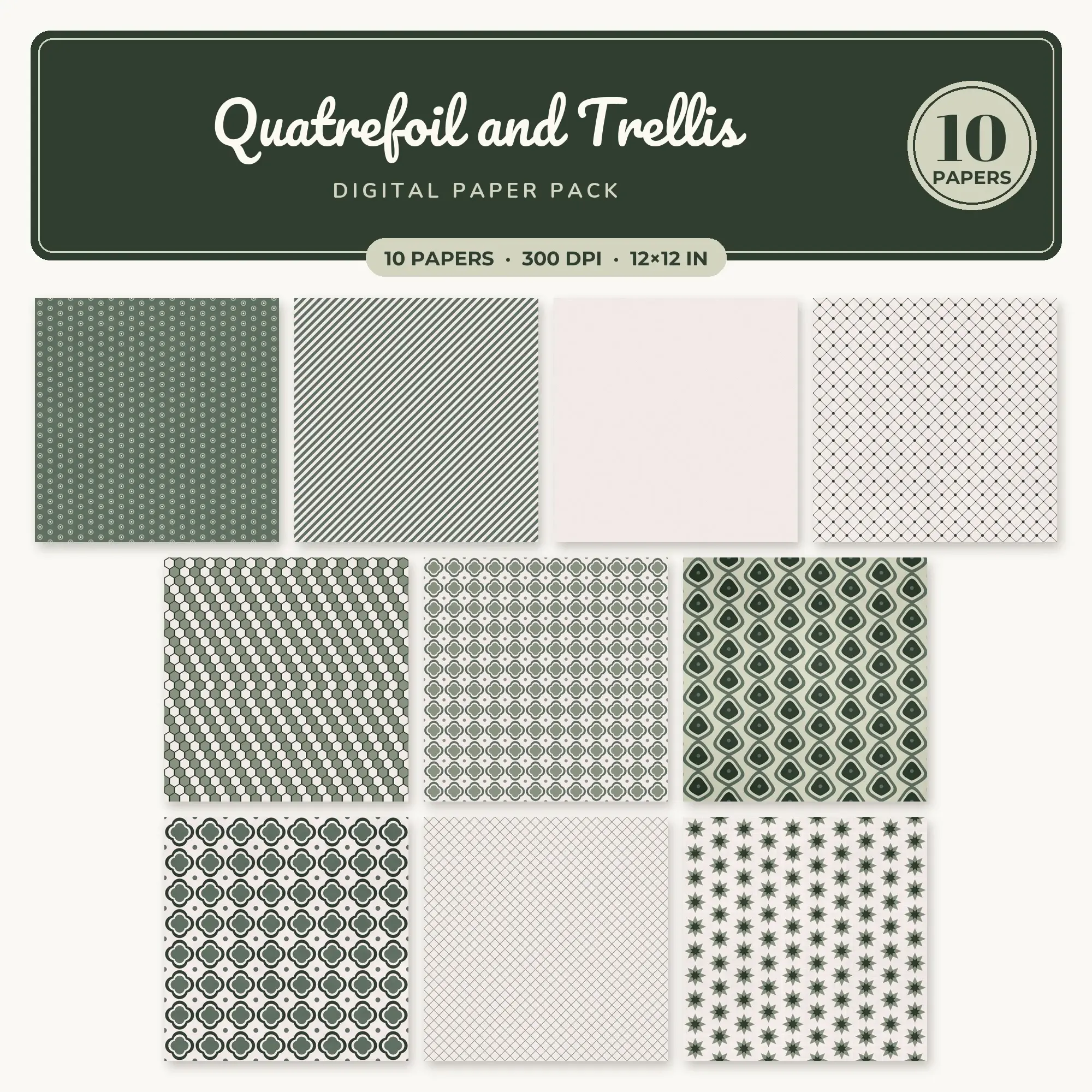 Quatrefoil and Trellis Seamless Pattern Papers in Soft Sage and Sage – 10 Pack preview