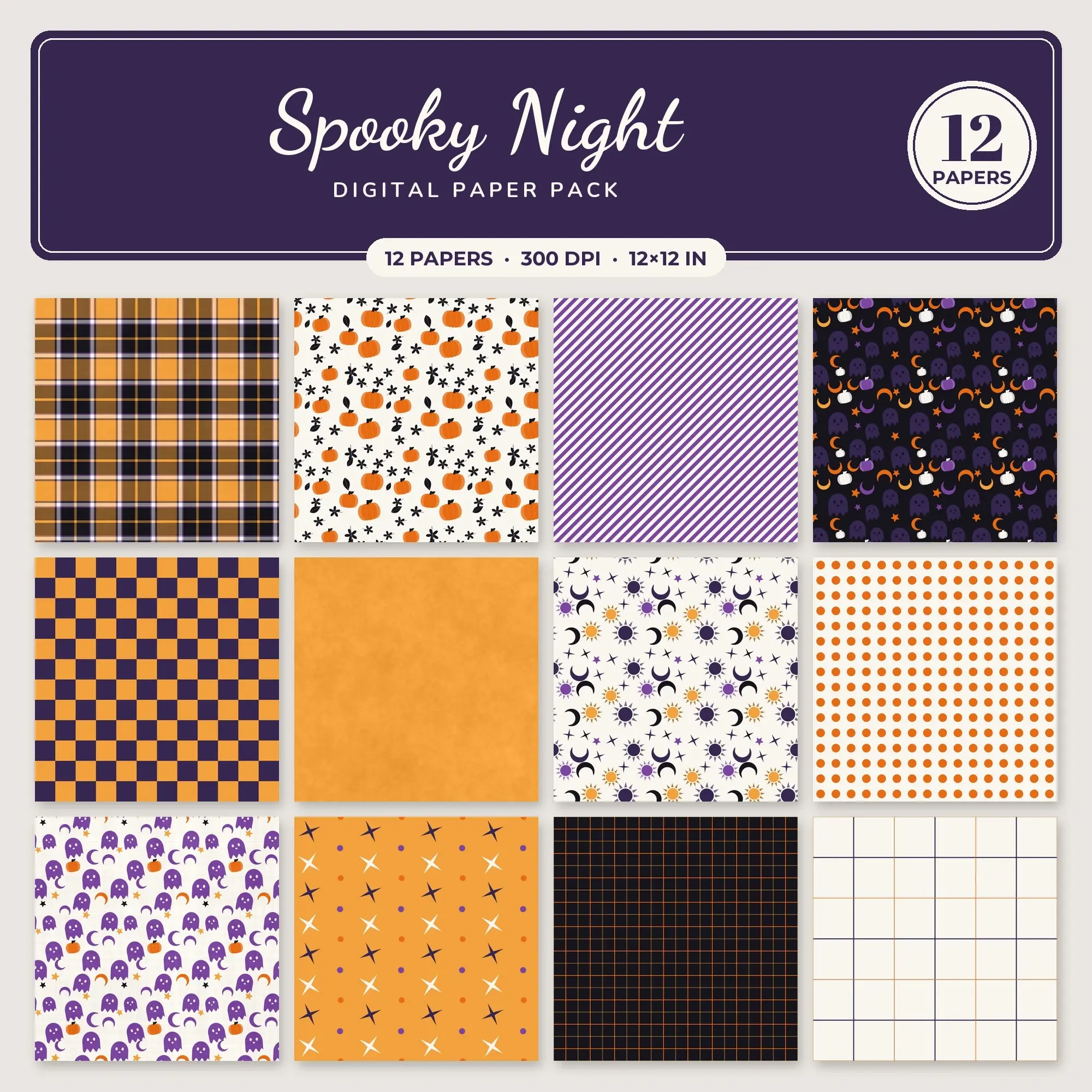 Spooky Night Seamless Pattern Papers in Amber and Pumpkin – 12 Pack preview