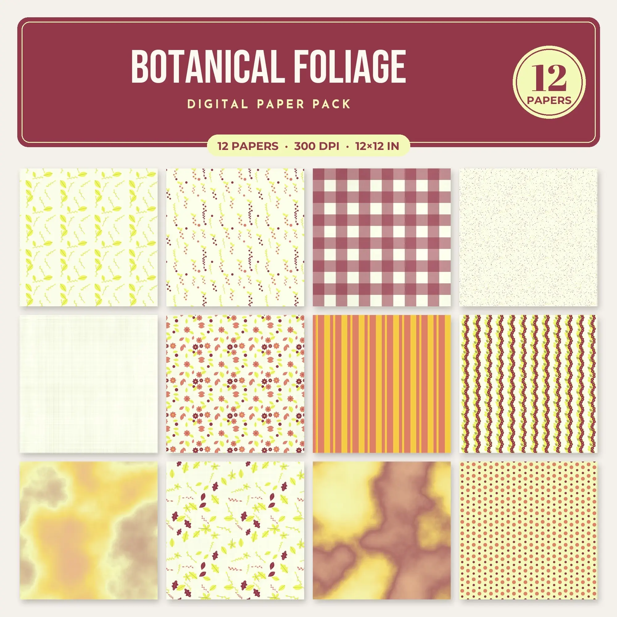 Botanical Foliage Seamless Pattern Papers in Sunshine Yellow and Lemon – 12 Pack preview