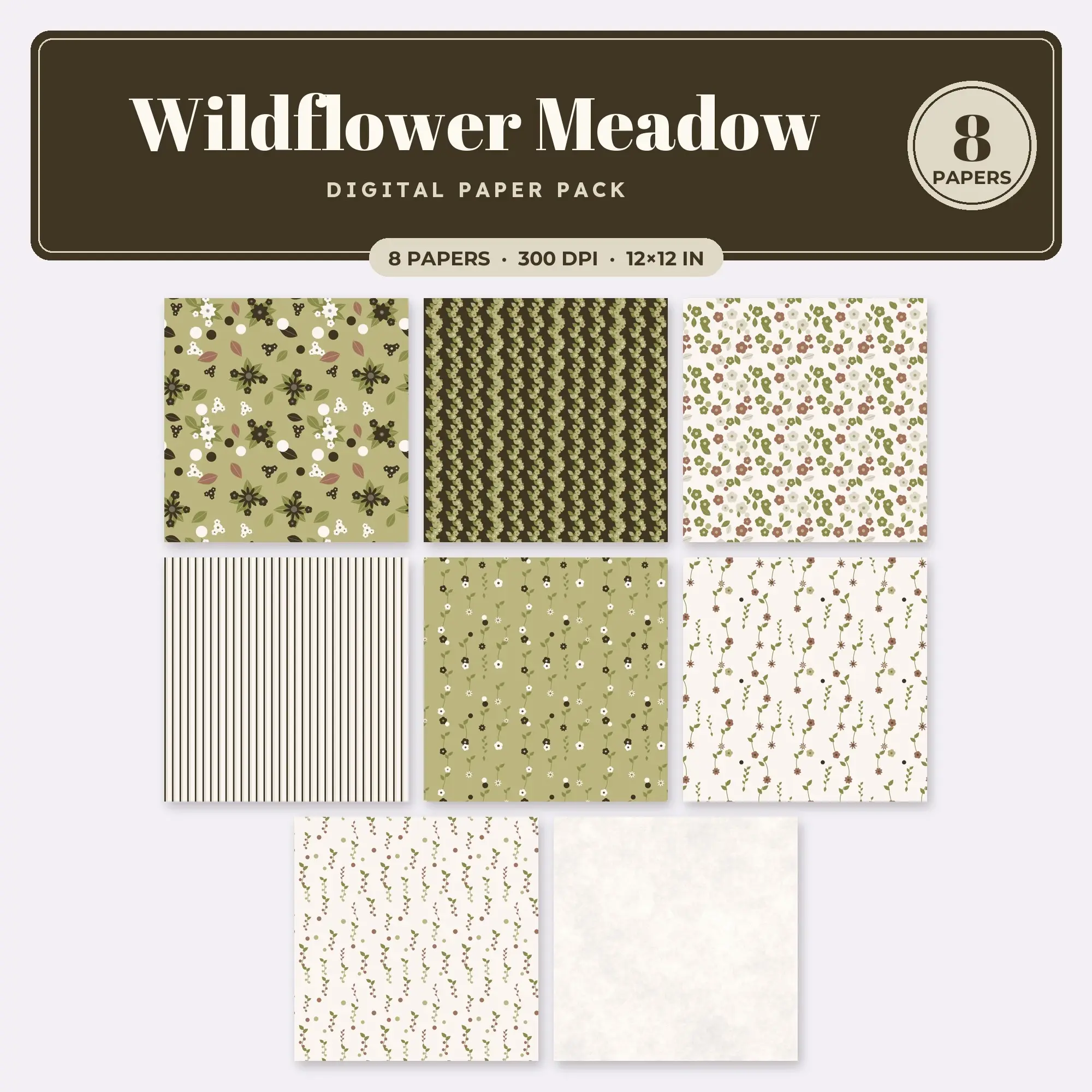 Wildflower Meadow Digital Paper – 8 Seamless Matcha & Olive Patterns preview