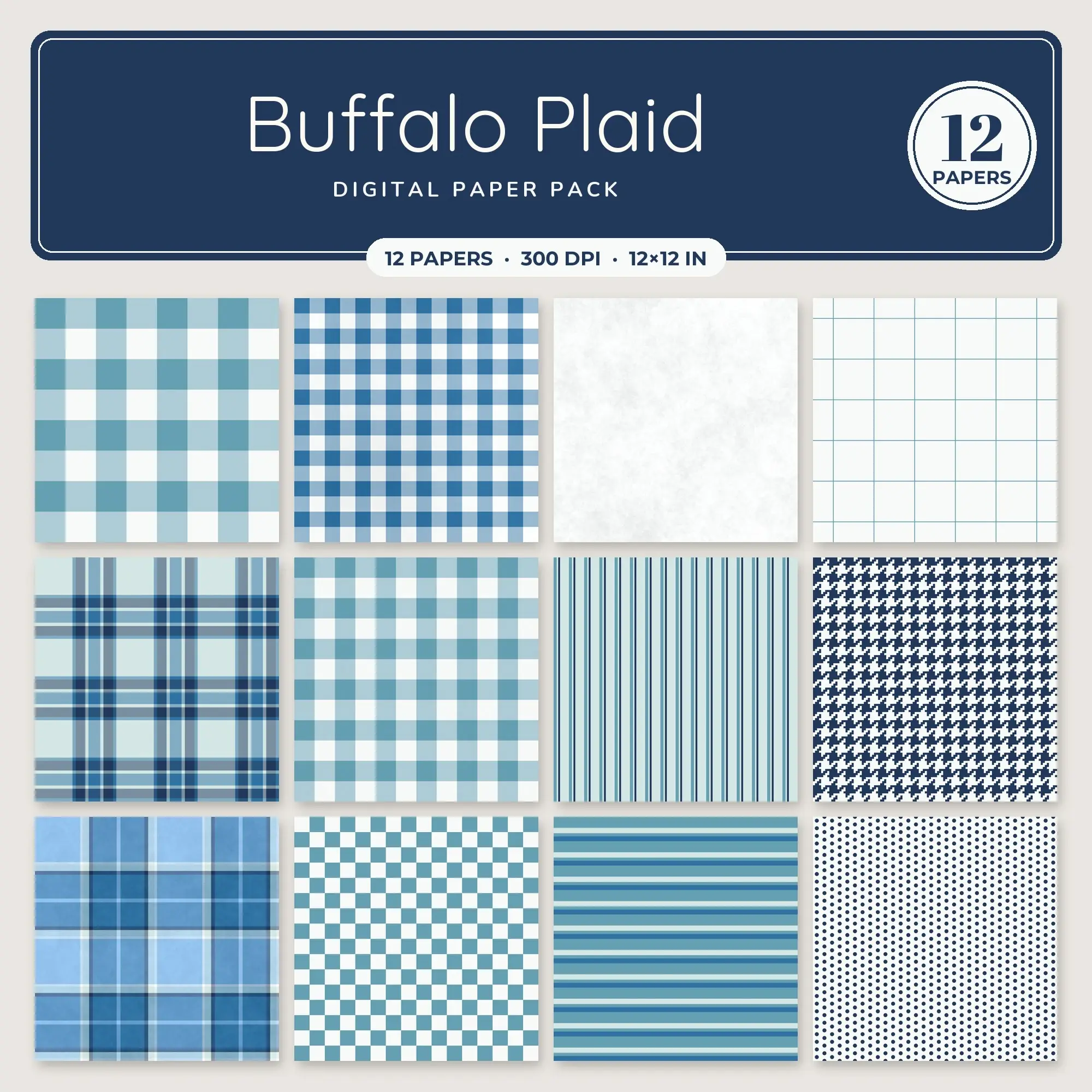 Sky Blue Buffalo Plaid Seamless Digital Paper Pack, 12 Papers 12x12 preview