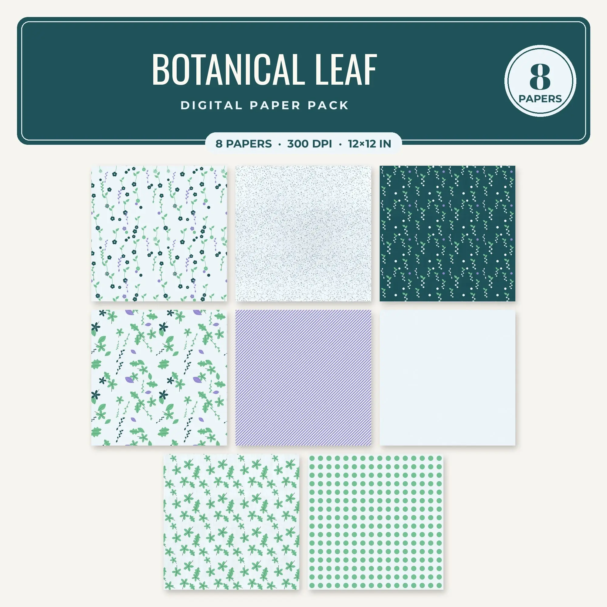 Wisteria Botanical Leaf Seamless Digital Paper Pack, 8 Papers 12x12 preview