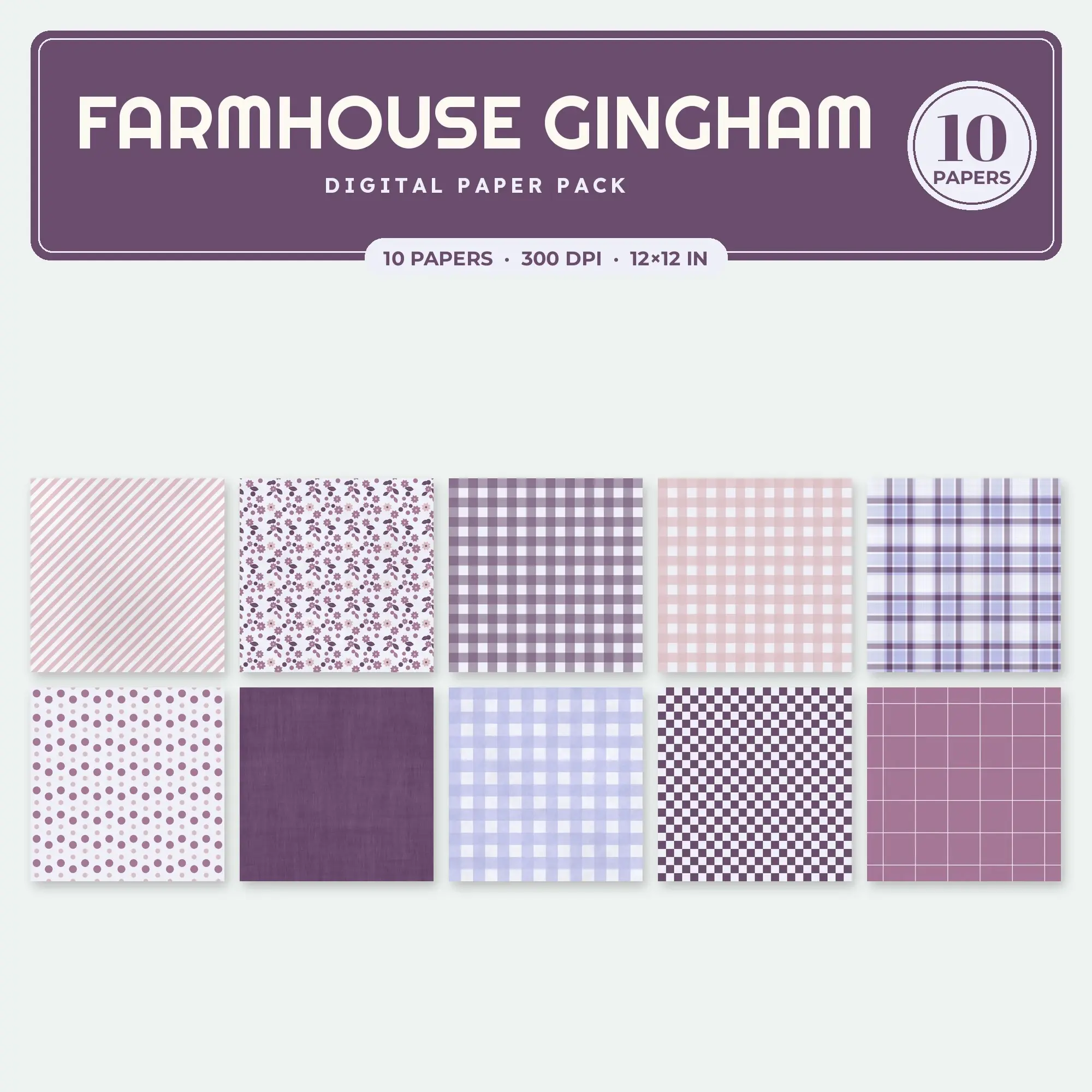 Lavender & Blush Farmhouse Gingham Digital Paper Pack – 10 Seamless Patterns preview