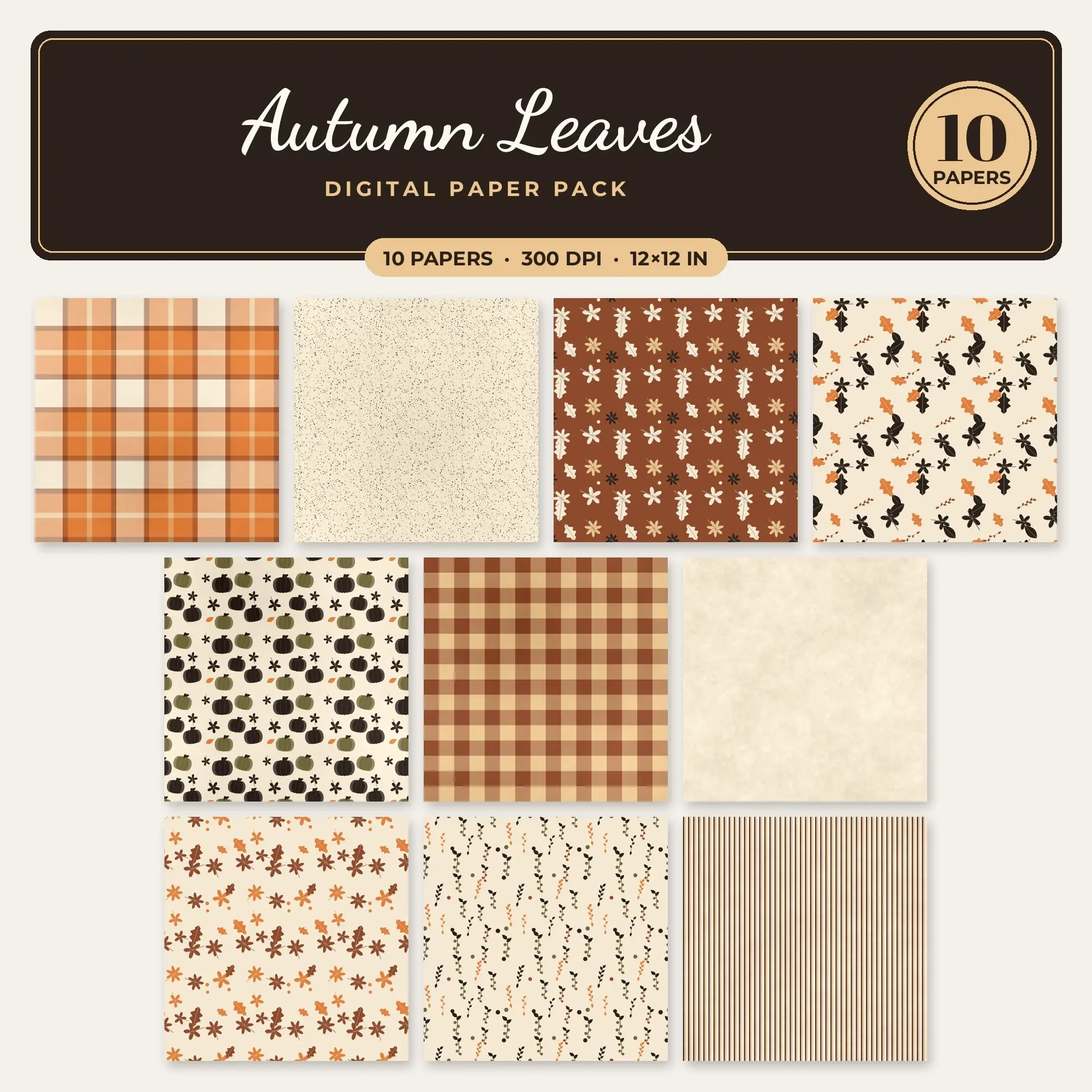 Autumn Leaves Digital Paper – 10 Seamless Pumpkin & Cinnamon Patterns preview