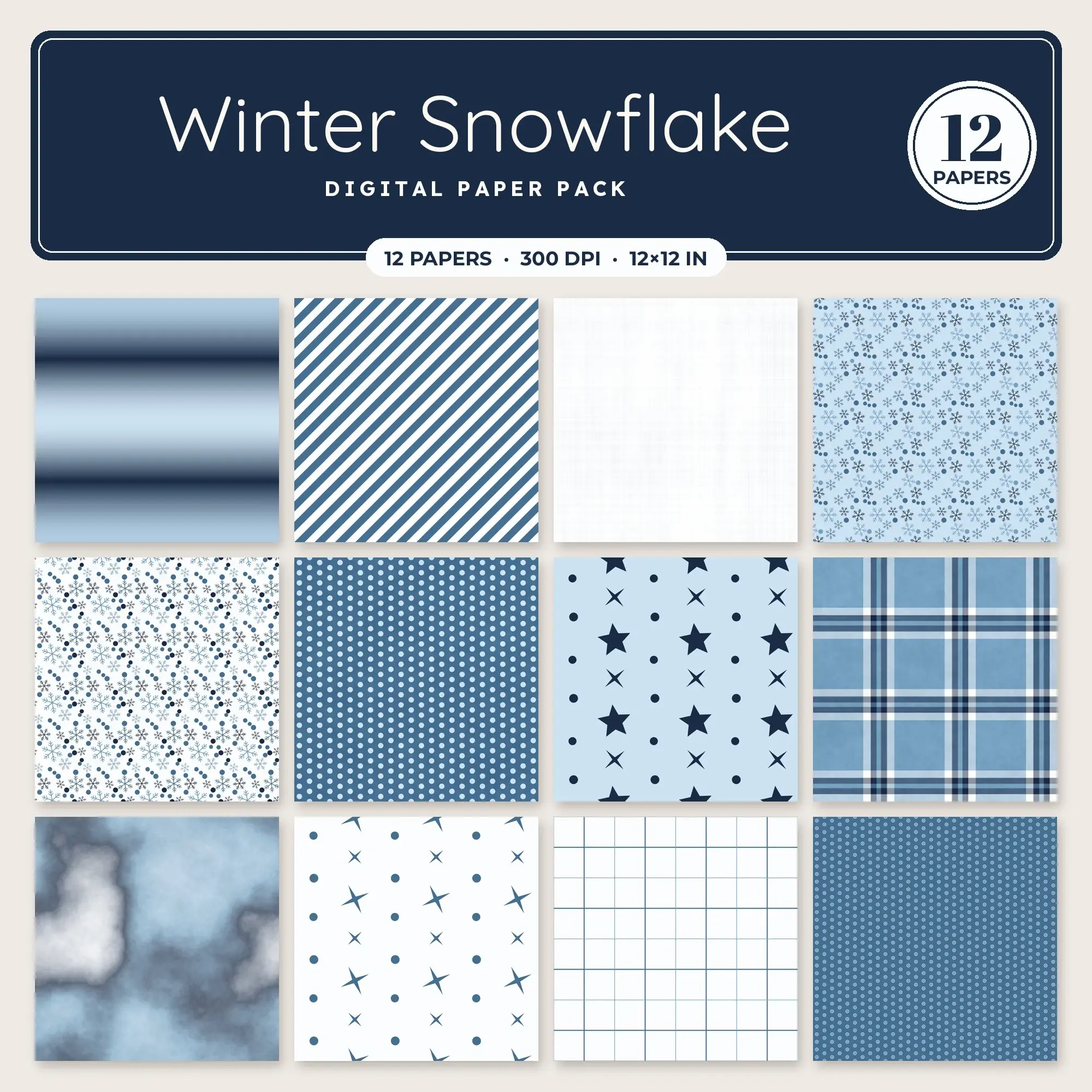 Winter Snowflake Seamless Pattern Papers in Dusty Blue and Powder Blue – 12 Pack preview