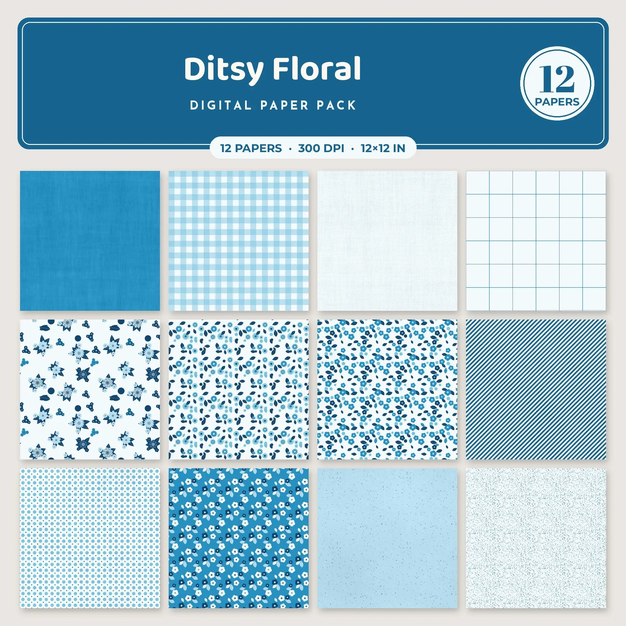 Ditsy Floral Seamless Pattern Papers in Cornflower and Ocean Blue – 12 Pack preview