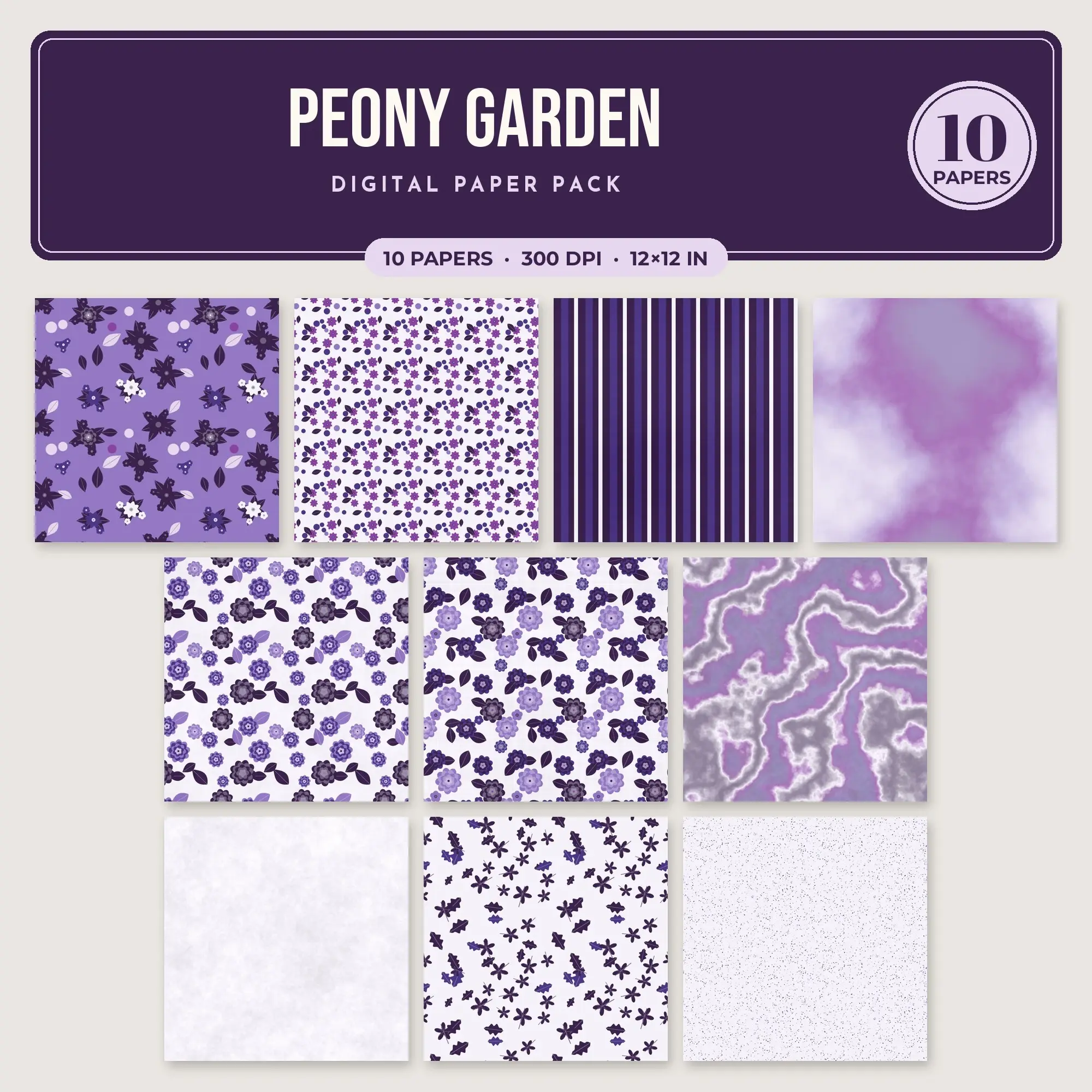 Violet & Amethyst Peony Garden Seamless Digital Paper – 10 Papers, 12x12 JPG preview