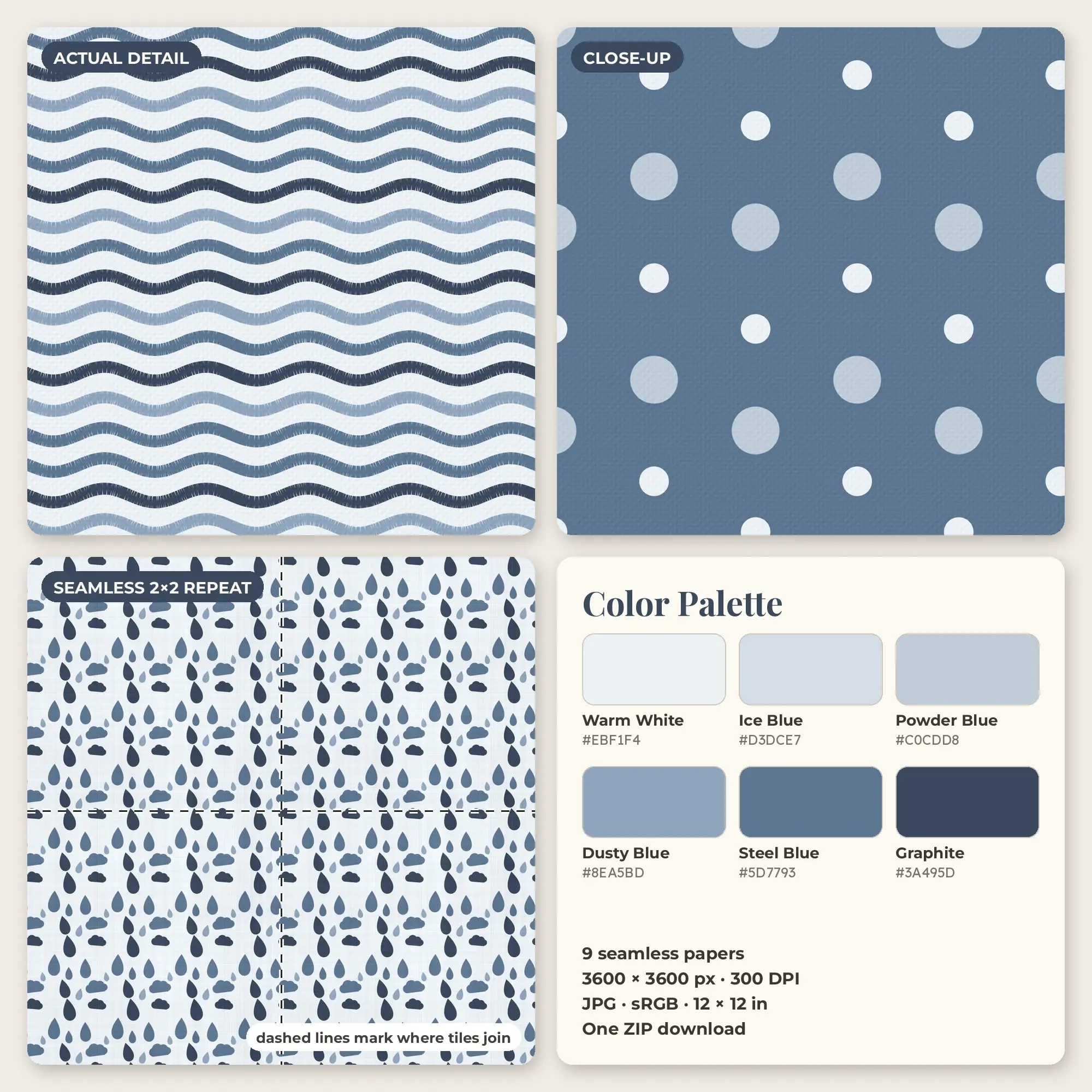 Dusty Blue & Steel Blue Rainy Day Seamless Digital Paper – 9 Papers, 12x12 JPG, preview 2 of 2