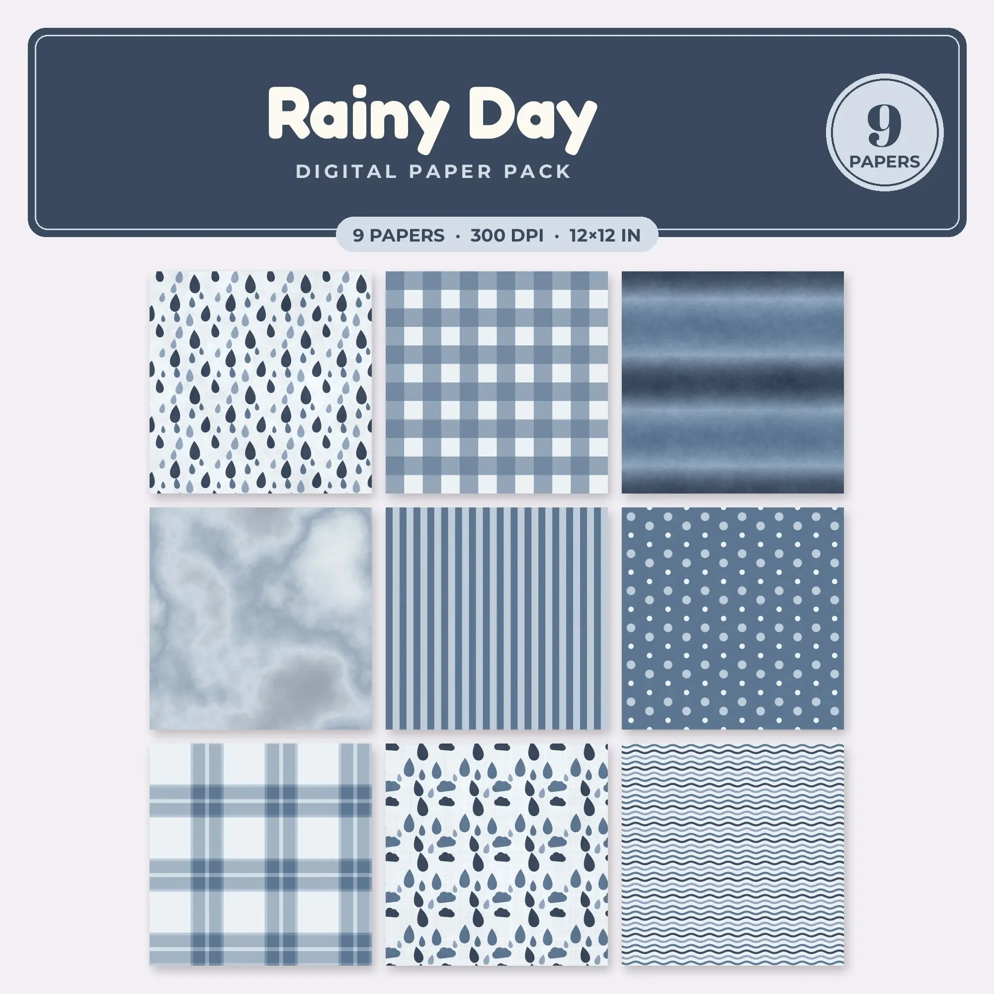 Dusty Blue & Steel Blue Rainy Day Seamless Digital Paper – 9 Papers, 12x12 JPG preview