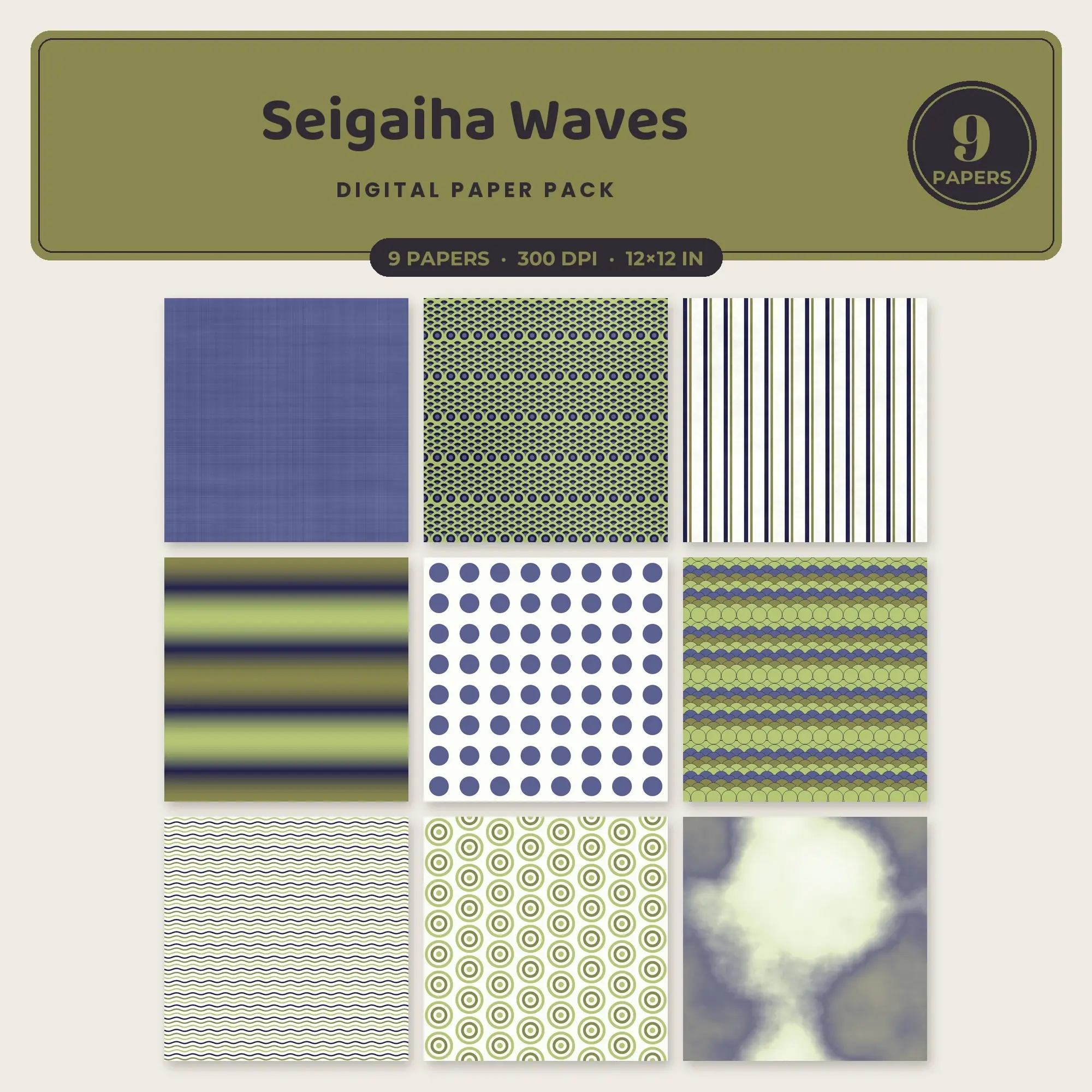 Matcha & Pistachio Seigaiha Waves Digital Paper Pack – 9 Seamless Patterns preview