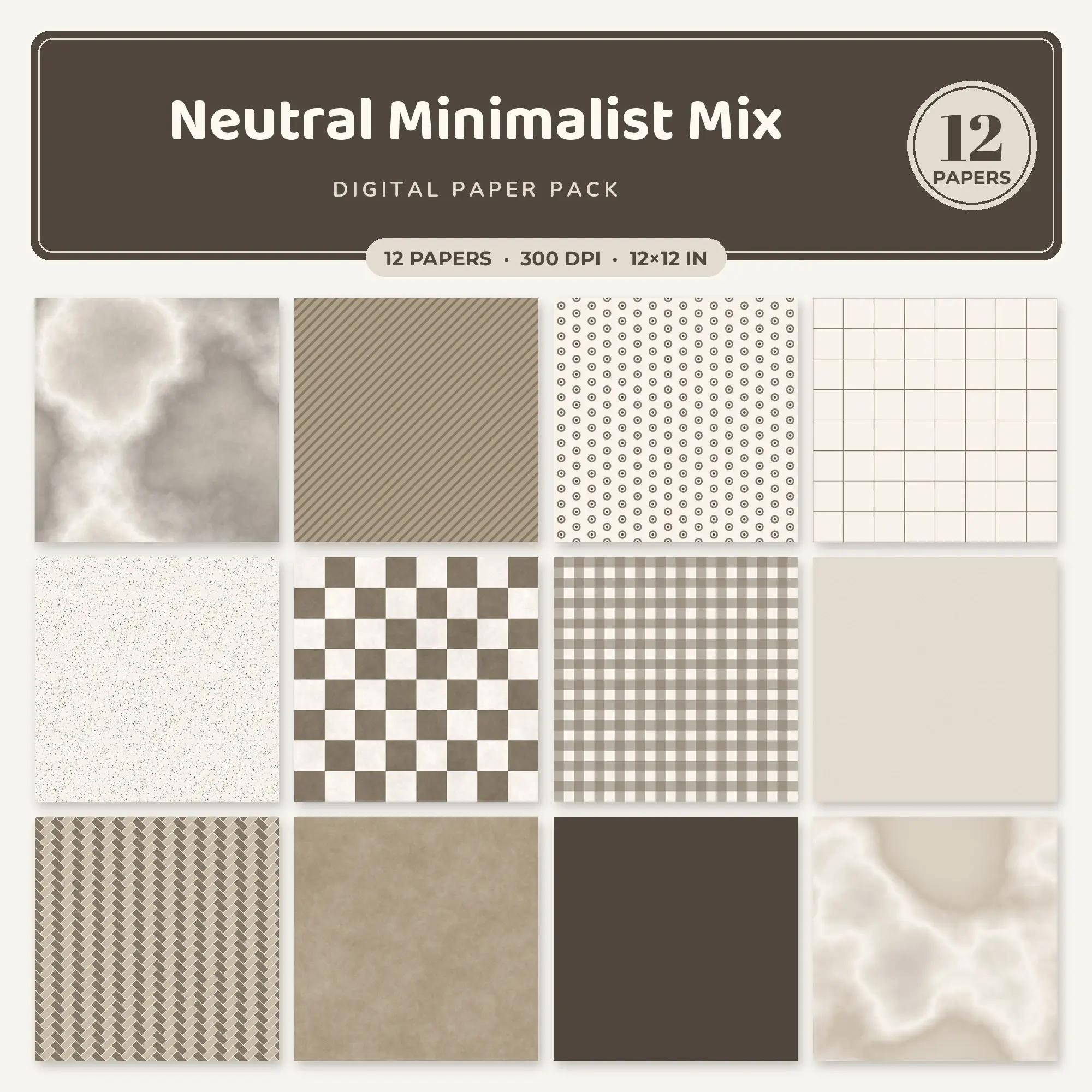 Warm White & Dove Grey Neutral Minimalist Mix Seamless Digital Paper – 12 Papers, 12x12 JPG preview