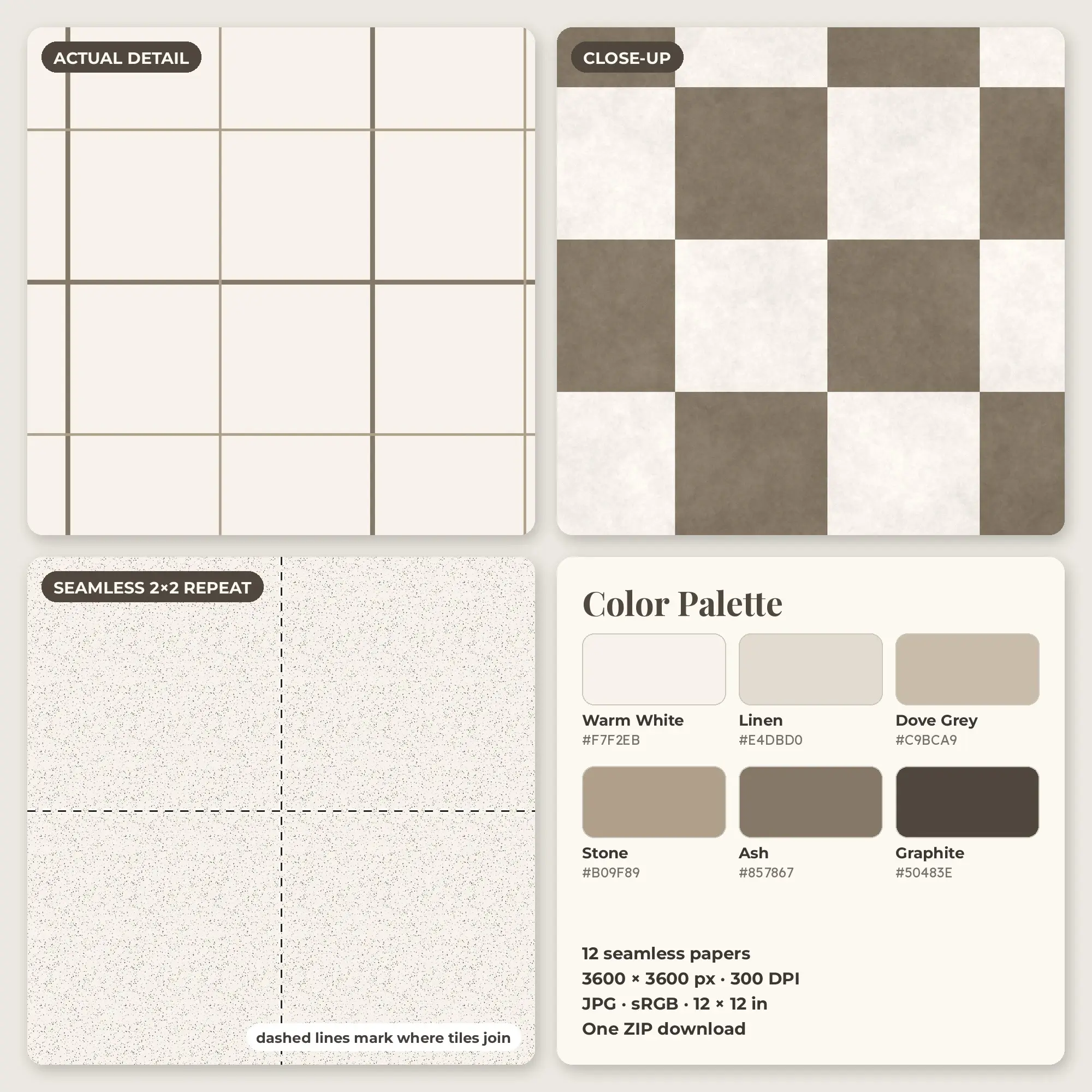 Warm White & Dove Grey Neutral Minimalist Mix Seamless Digital Paper – 12 Papers, 12x12 JPG, preview 2 of 2