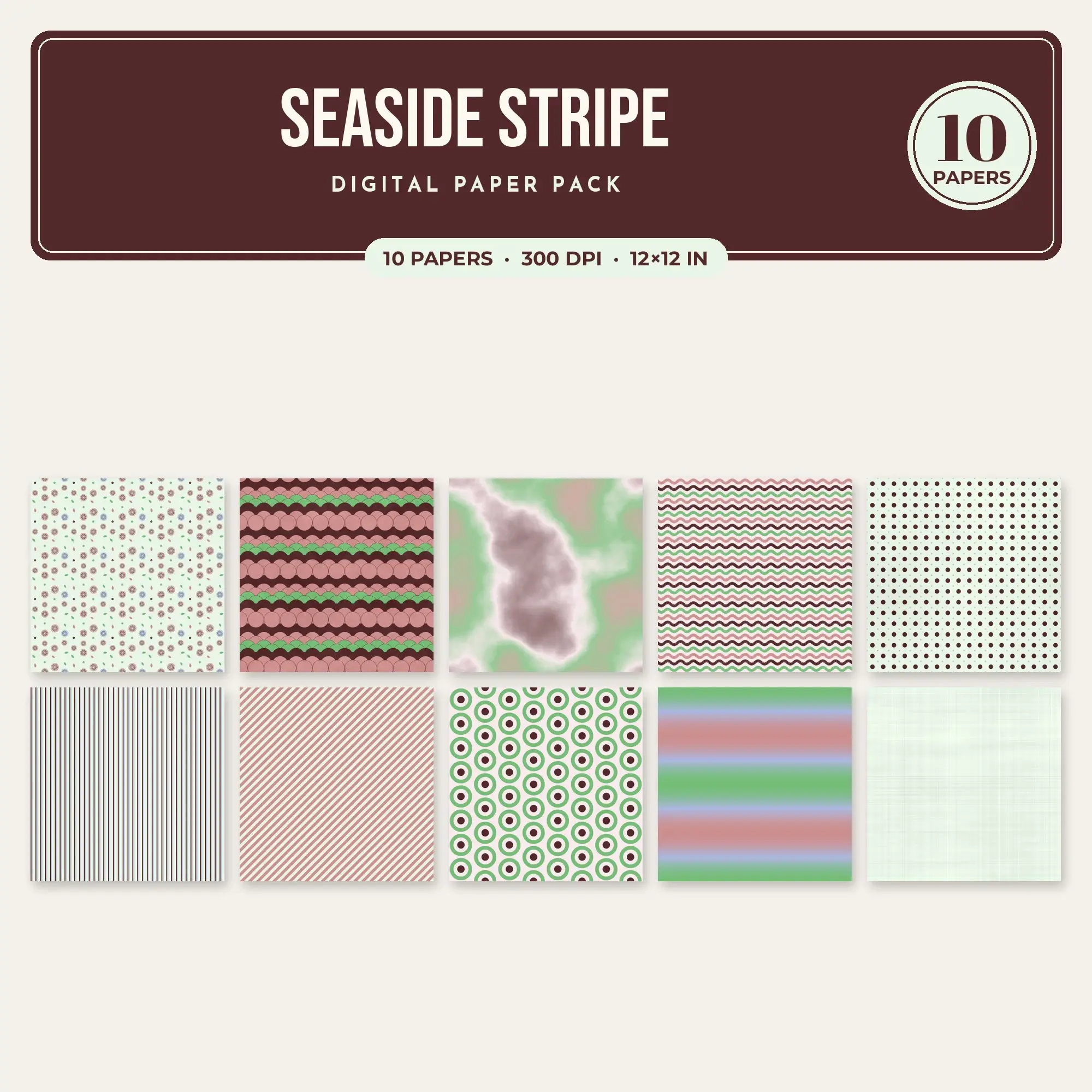 Clay Pink & Spring Green Seaside Stripe Seamless Digital Paper – 10 Papers, 12x12 JPG preview