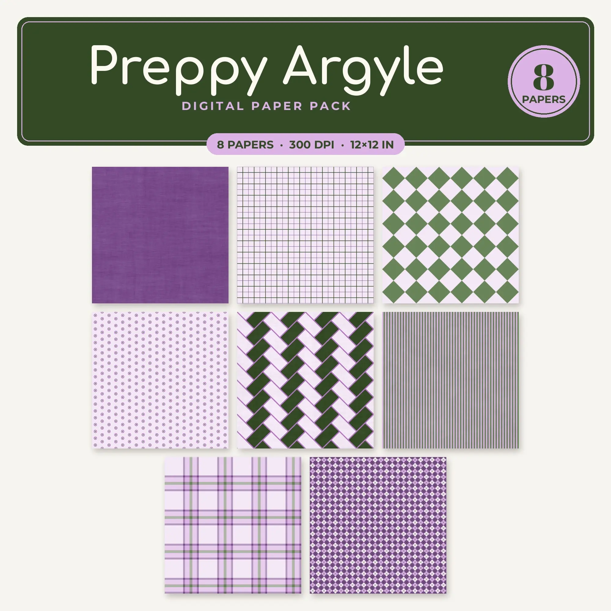 Preppy Argyle Seamless Pattern Papers in Lilac and Orchid – 8 Pack preview