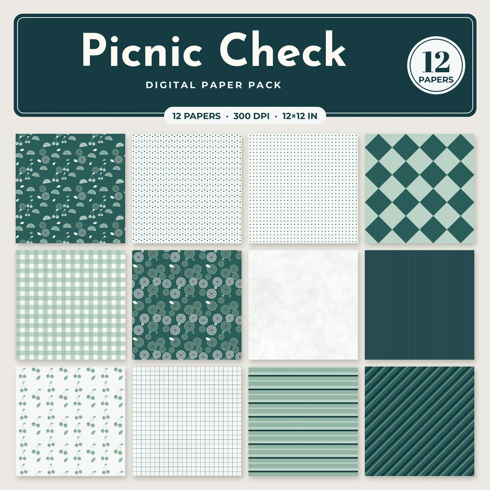 Picnic Check Seamless Pattern Papers in Deep Teal and Eucalyptus – 12 Pack preview
