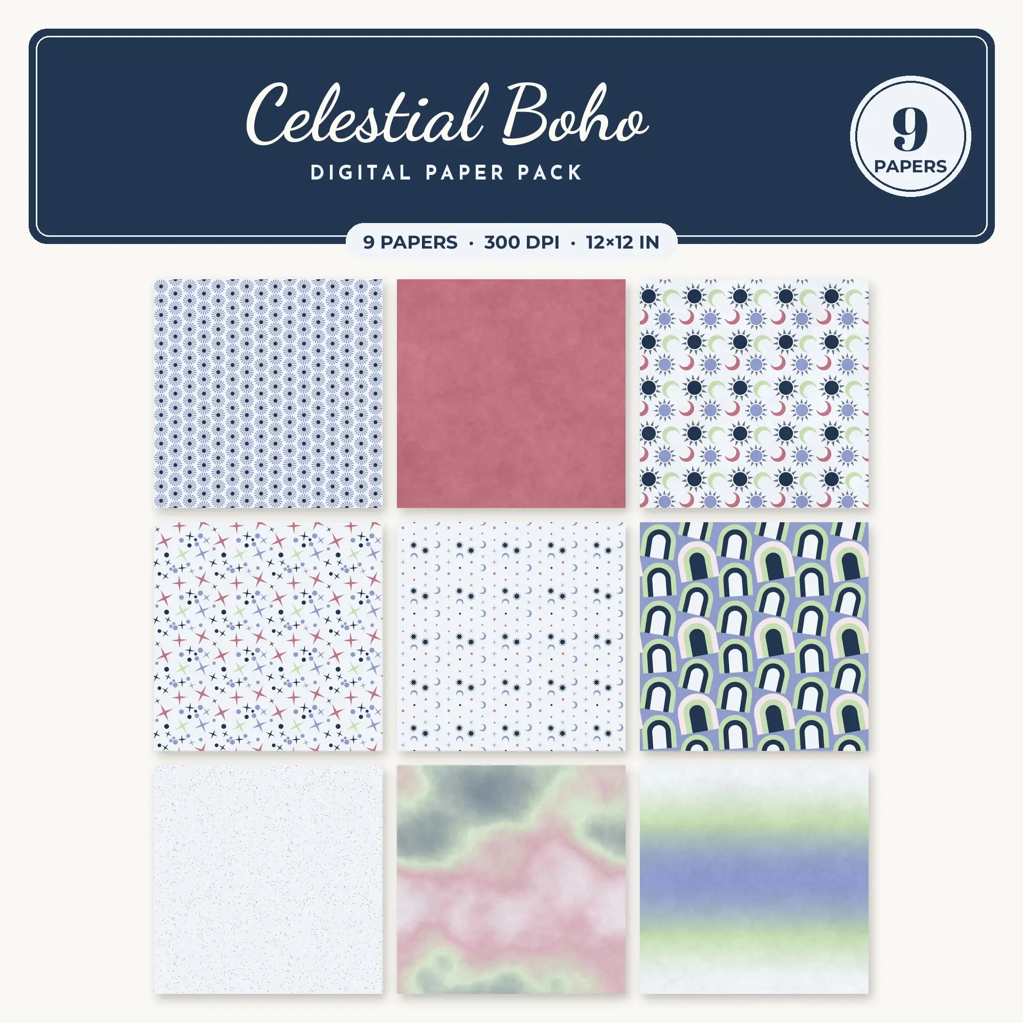 Rose & Cornflower Celestial Boho Seamless Digital Paper – 9 Papers, 12x12 JPG preview