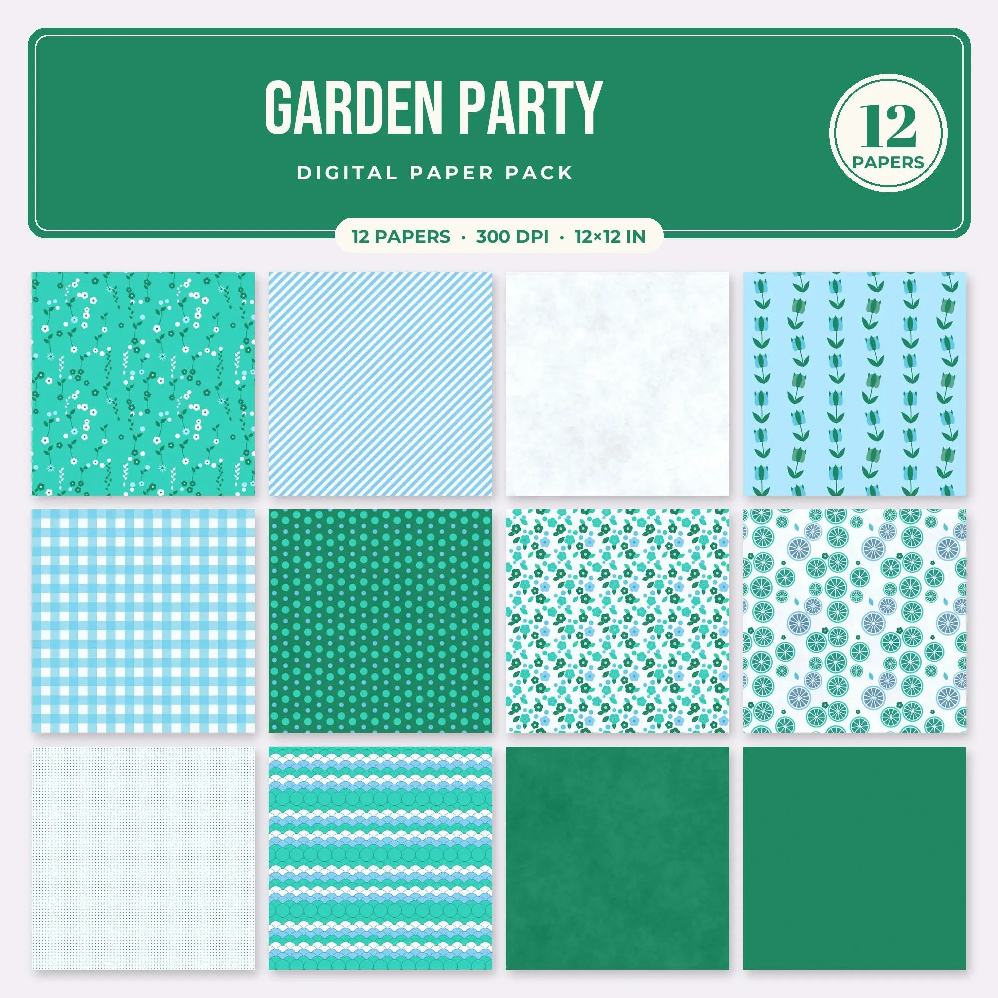 Sky Blue & Baby Blue Garden Party Digital Paper Pack – 12 Seamless Patterns preview