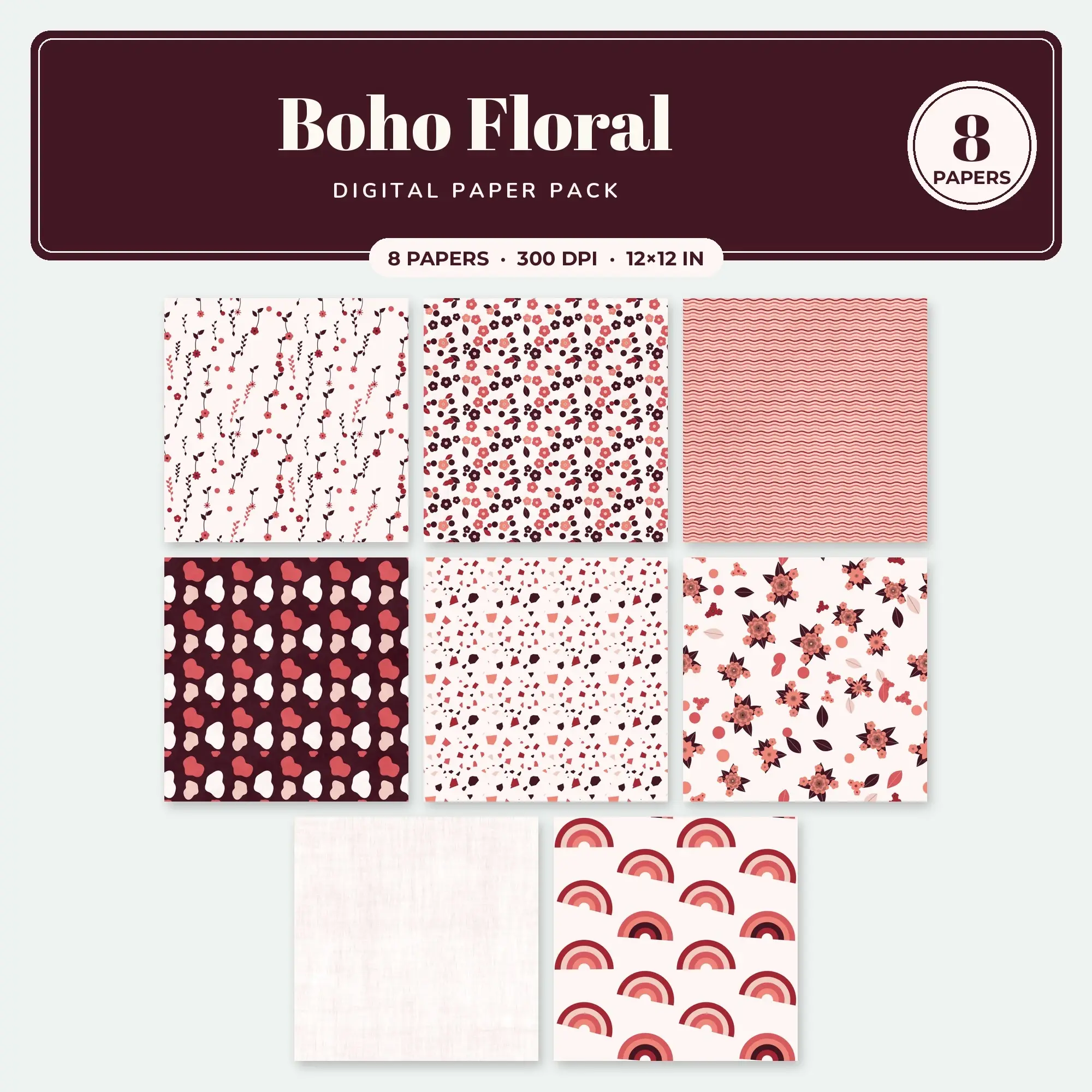 Coral & Watermelon Boho Floral Seamless Digital Paper – 8 Papers, 12x12 JPG preview
