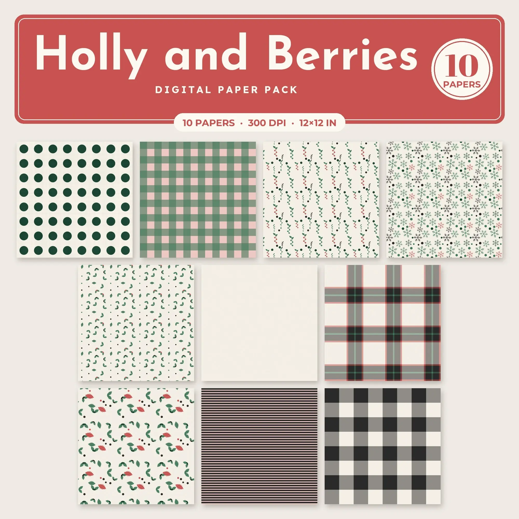 Brick Red & Blush Holly and Berries Digital Paper Pack – 10 Seamless Patterns preview