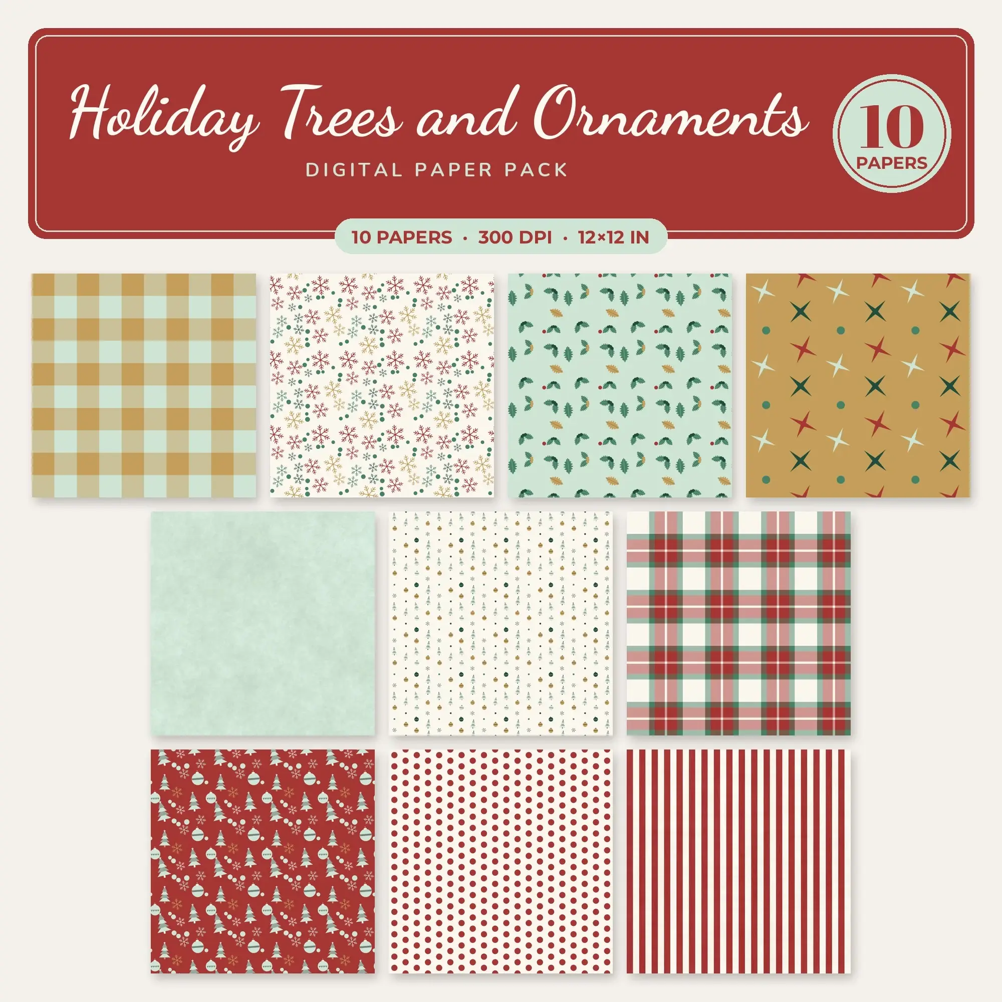 Holiday Trees and Ornaments Digital Paper – 10 Seamless Gold & Brick Red Patterns preview